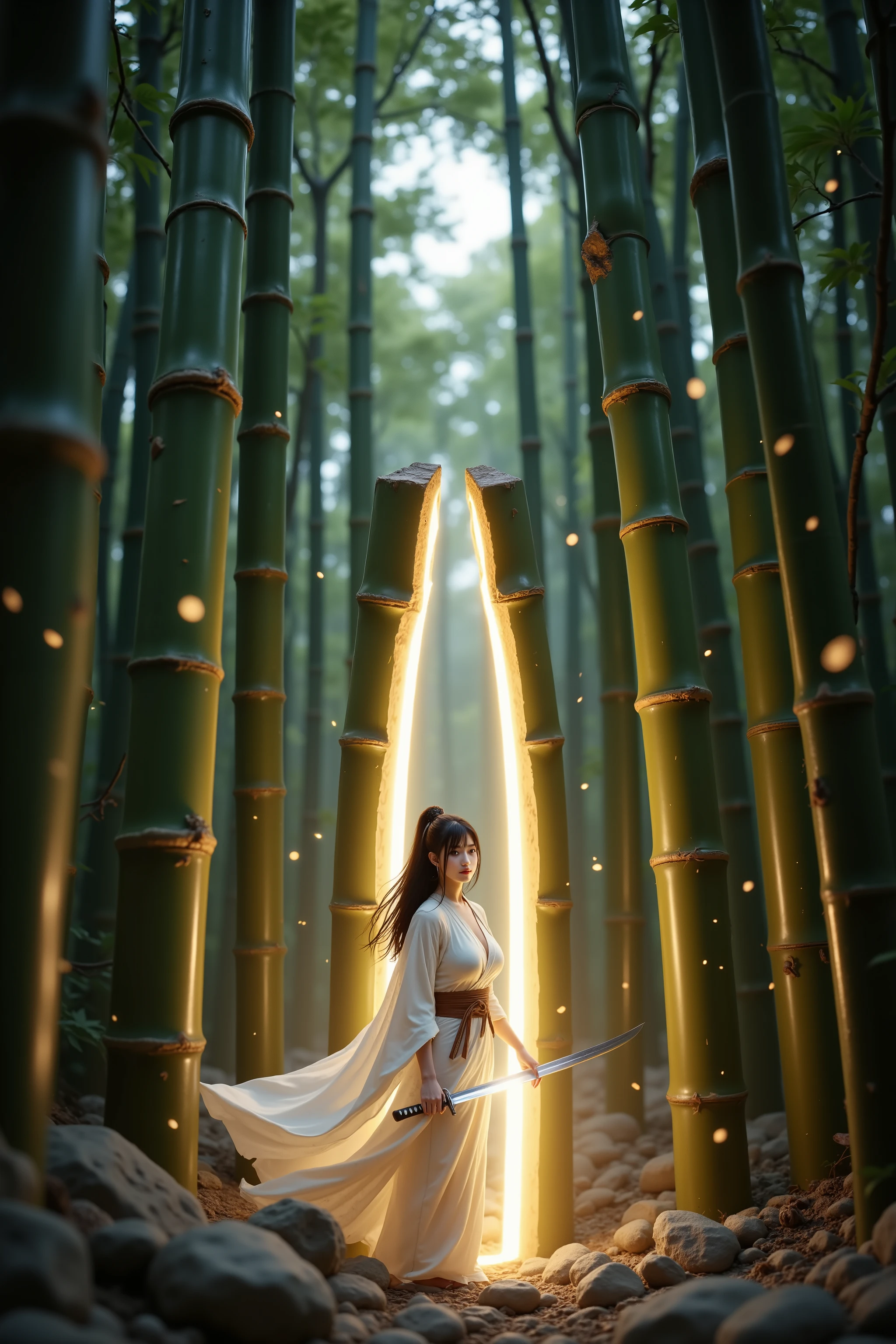 Inside a moonlit bamboo grove, a radiant bamboo stalk splits open, revealing a tiny female swordswoman emerging with elegance and power. She is a miniature warrior, no taller than a hand, stepping out from the glowing culm with her katana drawn. Her long black hair flows behind her, her expression calm yet resolute, embodying both serenity and lethal grace. The bamboo interior glows with golden-white light, casting radiant beams outward, illuminating drifting mist and fine particles in the air. The surrounding bamboo forest is deep emerald, with vertical lines framing the scene and leading the eye toward the luminous opening. Her attire blends delicate courtly kimono elements with warrior practicality: flowing sleeves scaled to her size, a small lacquered scabbard at her hip, and subtle armor details glinting in the glow. The composition follows golden ratio balance: the glowing bamboo split as focal point, her blade aligned along a sweeping curve of light. Cinematic lighting with high contrast: silver rim light on her hair and blade, warm golden core light from the bamboo interior, soft god rays filtering through mist. Fine detail on her tiny hands gripping the hilt, razor-sharp katana edge reflecting the glow. Slight motion blur on the sword’s arc, crystalline clarity on her determined face. The atmosphere is mystical and ethereal: pollen-like sparks drifting, glossy bamboo nodes reflecting highlights, subtle lens bloom around the radiant bamboo. Perspective is low-angle, as if the viewer kneels before the bamboo, emphasizing her emergence as both fragile and formidable. A perfect harmony of nature, myth, and martial spirit.