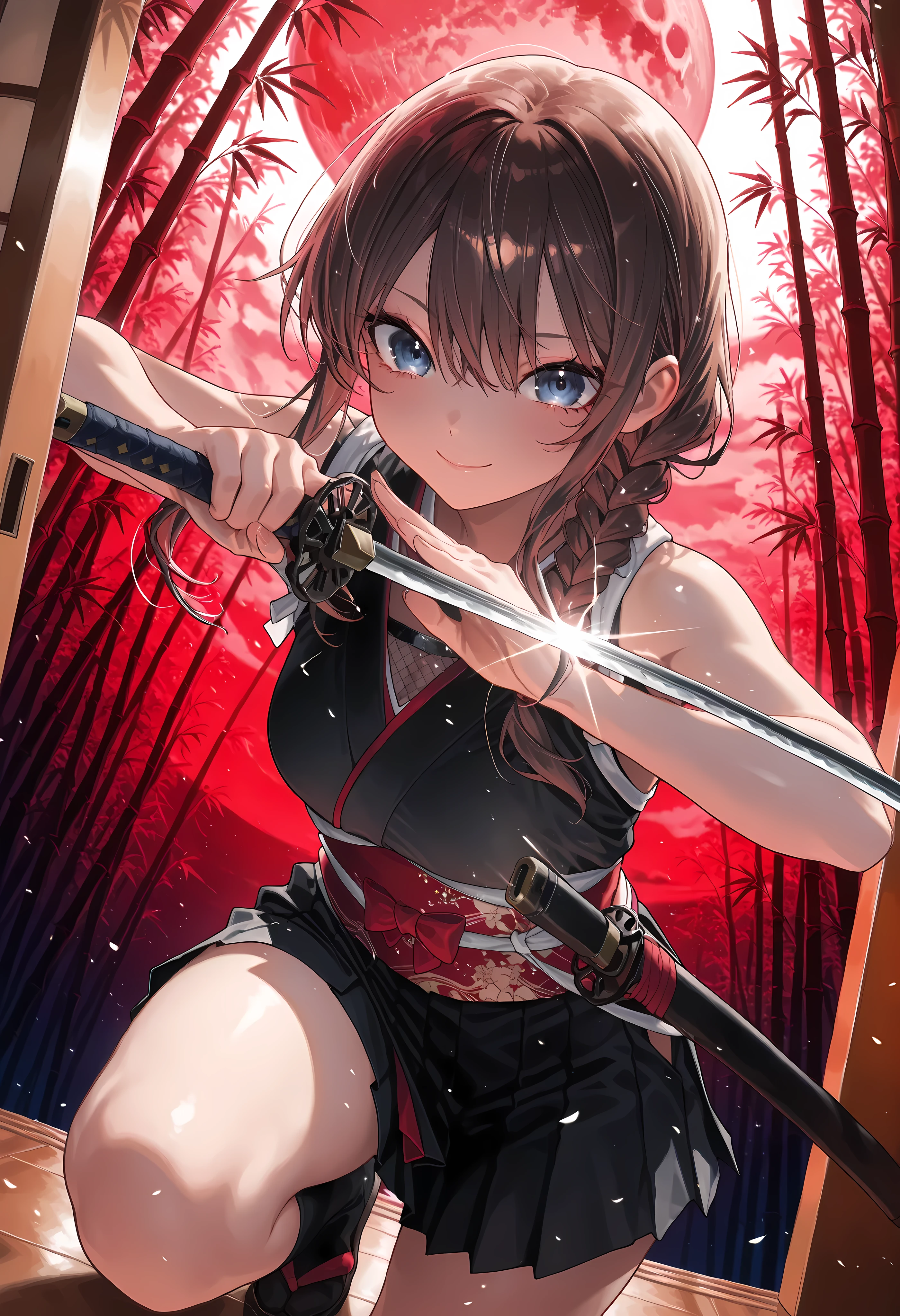 ((night))，bamboo forest, Female Swordsman, 三日月のnight, Short sword, Red and Black Outfit, Ninja, high resolution, The enchanting gray-blue eyes shine like stars，holding a sword，Realistic, studio lighting with a serious face, Ultra Fine Depiction, PROFESSIONAL, Brilliant Colors彩, Bokeh味，meteor、空から降り注ぐmeteor、無数のmeteor群、brown hair，shortcuts，unkempt hair，Short braided hair，Neat，slender美人，correct attitude，small breasted，beautiful legs，The enchanting gray-blue eyes shine like stars，Saggy Eyes，Brilliant Colors,beautiful eyes,A delicate smile,Textured Skin,Highest Quality,優しくてbeautiful woman taking off plastic,anime style､暗いnight, Red Moon, Red Moon with energy flow,  energy trend , bad feeling , Scenery, The flow of energy across the city,, 4K, Chiaroscuro, Ultra High Definition、high resolution,realistic,4K,Extreme Details,Super Detailed Description,PROFESSIONAL,real color,Bokeh,Sliding Door，Shoji screen，Japanese-style room、Master of the Naginata,Get your hands on a large Japanese sword,bamboo ，neat, slender, beautiful woman taking off plastic,brown hair,shortcuts,disheveled hair,short braided hair,correct attitude,Interior Japanese Style Background,Sliding Door，Soft Writing,delicate texture,anime style