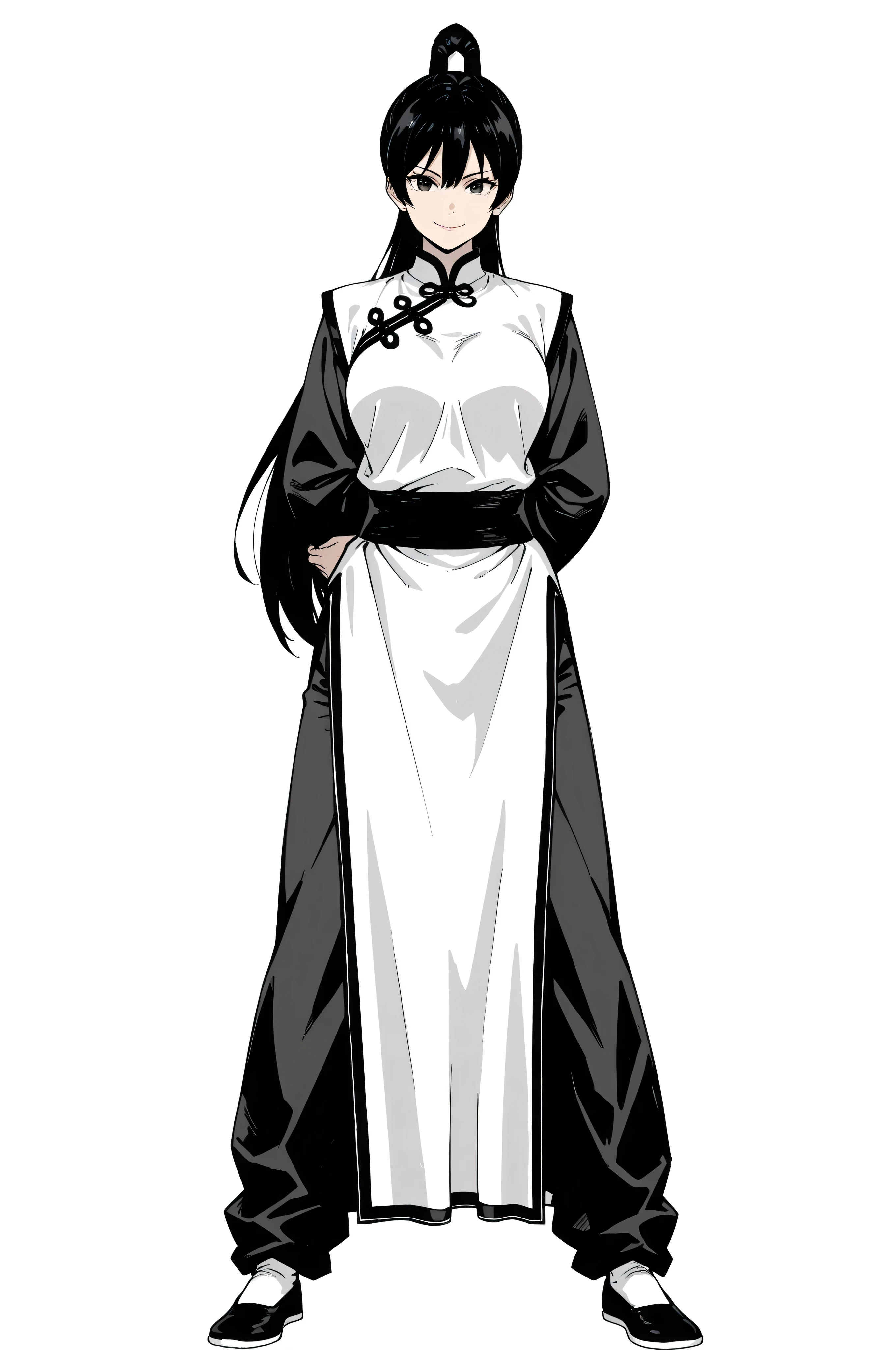 gsfghtr, multicolored robe, chinese clothes,KungFuUniform,score_9, score_8_up, score_7_up, gsfghtr, 1girl, smile serious, long ponytail, kohei horitoshi, white background, mature female, kung fu master, 2D color, arm behind back, anime style, kung fu master, full body, 