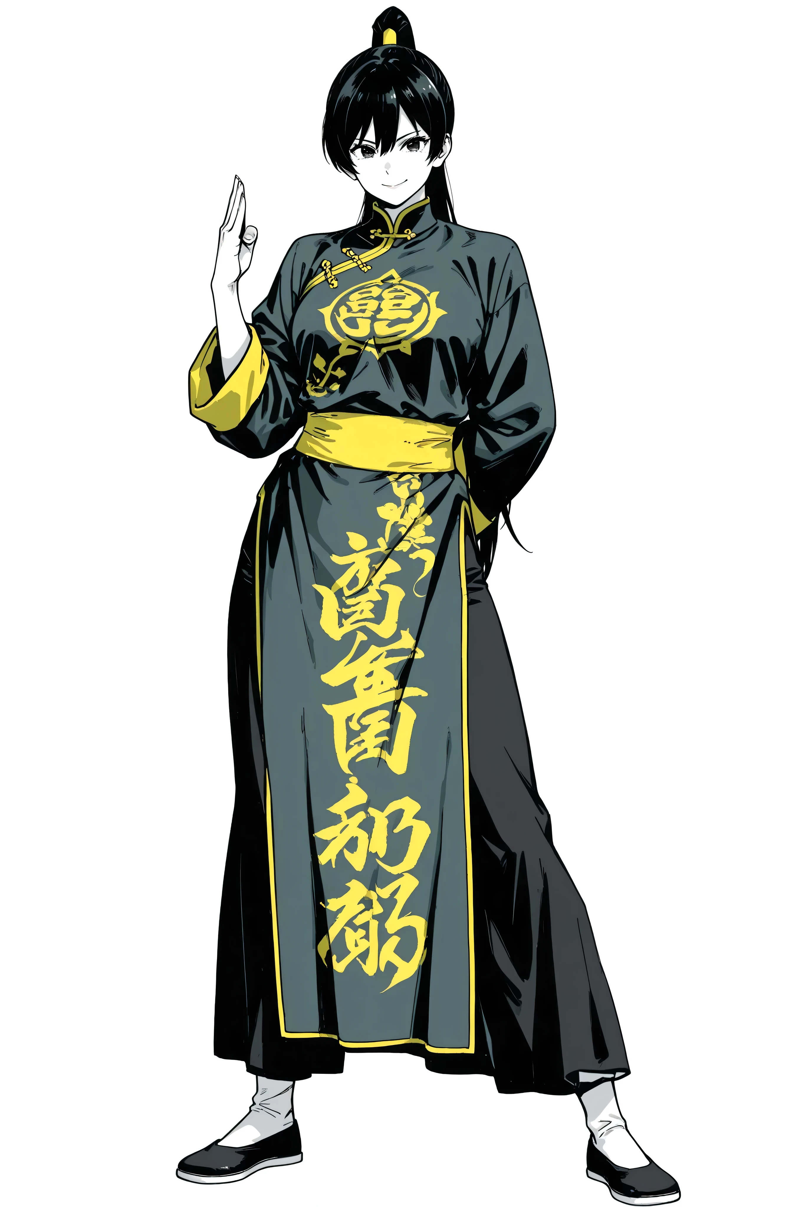 gsfghtr, multicolored robe, chinese clothes,KungFuUniform,score_9, score_8_up, score_7_up, gsfghtr, 1girl, smile serious, long ponytail, kohei horitoshi, white background, mature female, kung fu master, 2D color, arm behind back, anime style, kung fu master, full body,