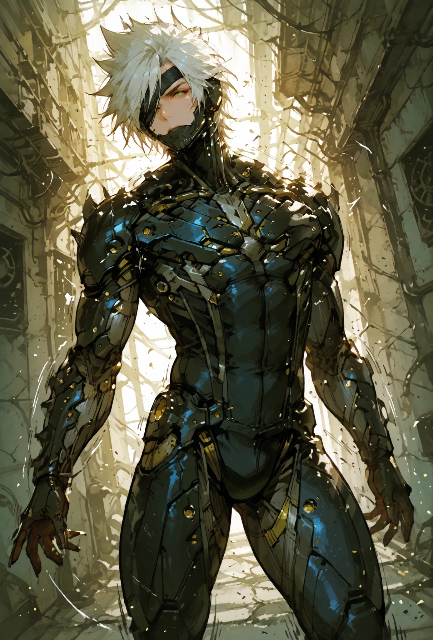 ,RaidenMGRDef, male focus, muscular male, white hair, spiked hair, short hair, cyborg, mechanical chin, bodysuit, eyepatch, one eye covered,extremely detailed,dynamic lighting,best quality,,,best quality,high quality,, , dynamic angle, , thick thighs, motion lines,, , solo, perfect eyes,,DETAIL,MASTERPIECE,,Expressiveh, ultra detailed,,,,very detailed,extremely detailed,dynamic lighting,best quality,