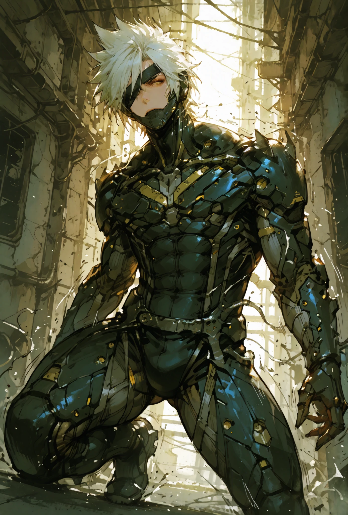 ,RaidenMGRDef, male focus, muscular male, white hair, spiked hair, short hair, cyborg, mechanical chin, bodysuit, eyepatch, one eye covered,extremely detailed,dynamic lighting,best quality,,,best quality,high quality,, , dynamic angle, , thick thighs, motion lines,, , solo, perfect eyes,,DETAIL,MASTERPIECE,,Expressiveh, ultra detailed,,,,very detailed,extremely detailed,dynamic lighting,best quality,