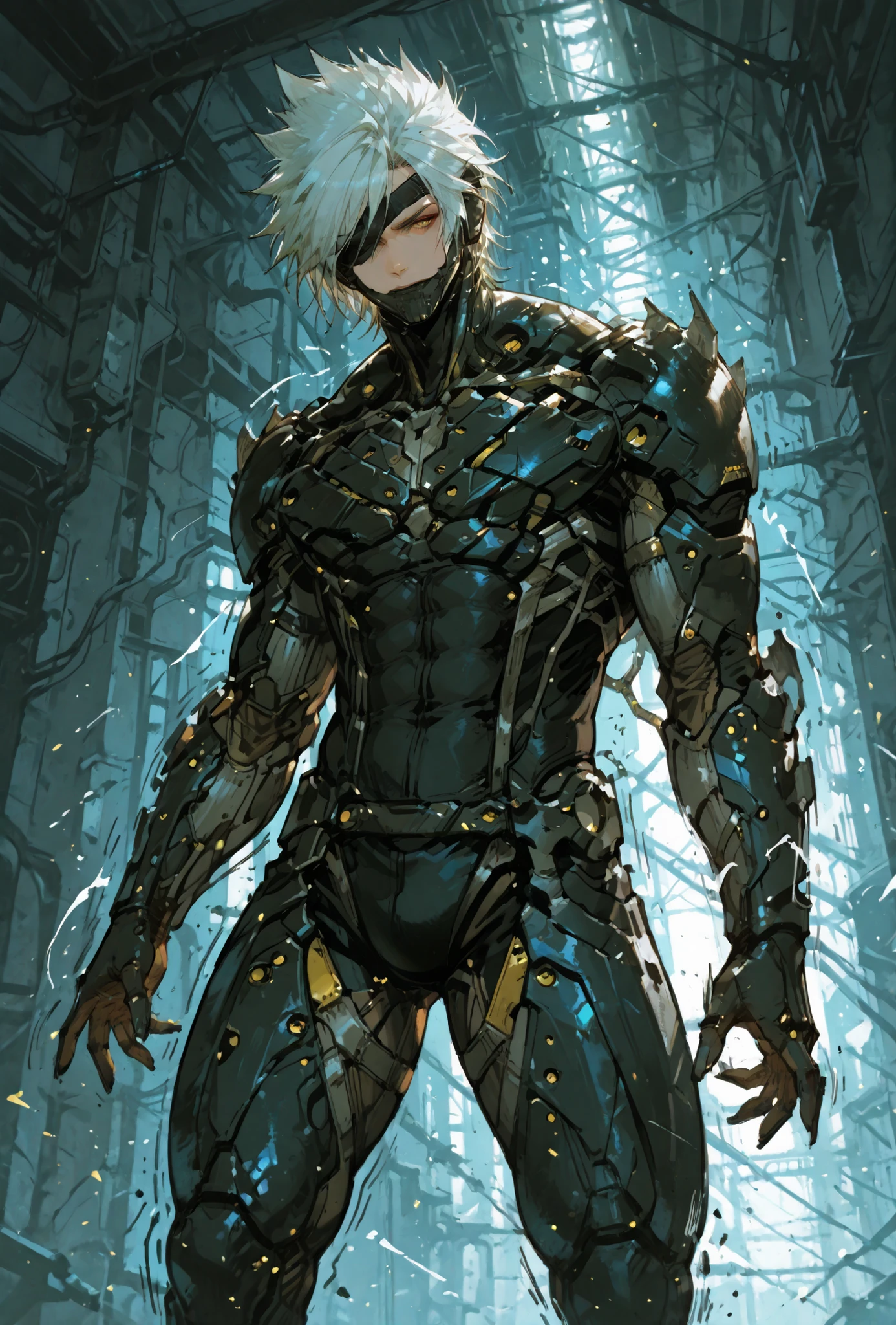 ,RaidenMGRDef, male focus, muscular male, white hair, spiked hair, short hair, cyborg, mechanical chin, bodysuit, eyepatch, one eye covered,extremely detailed,dynamic lighting,best quality,,,best quality,high quality,, , dynamic angle, , thick thighs, motion lines,, , solo, perfect eyes,,DETAIL,MASTERPIECE,,Expressiveh, ultra detailed,,,,very detailed,extremely detailed,dynamic lighting,best quality,