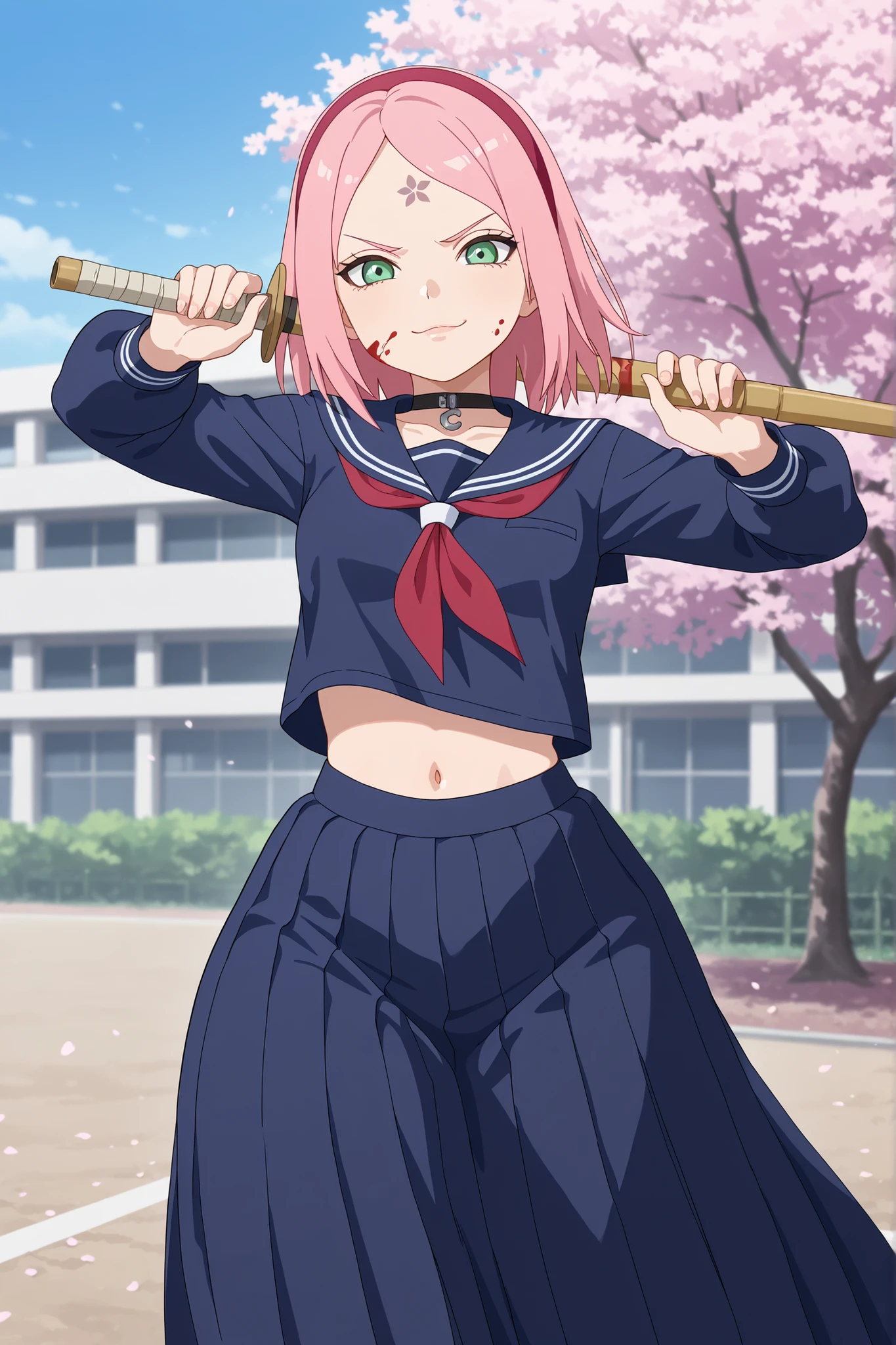 Sakura Haruno. small , huge , pink hair, medium hair, light green eyes, thin lips, very fair skin, big forehead. | bamboo sword, defense pose, fencing,handed bamboo sword, Macedonian style. solo. 1 gril. masterpiece, best quality, absurdres, blood on face, forehead tattoo, choker, necklace, 1girl, cute, smug, closed mouth, serafuku, school, outdoors, cherry blossoms, delinquent, long skirt, dark blue uniform, midriff peeek, navel,