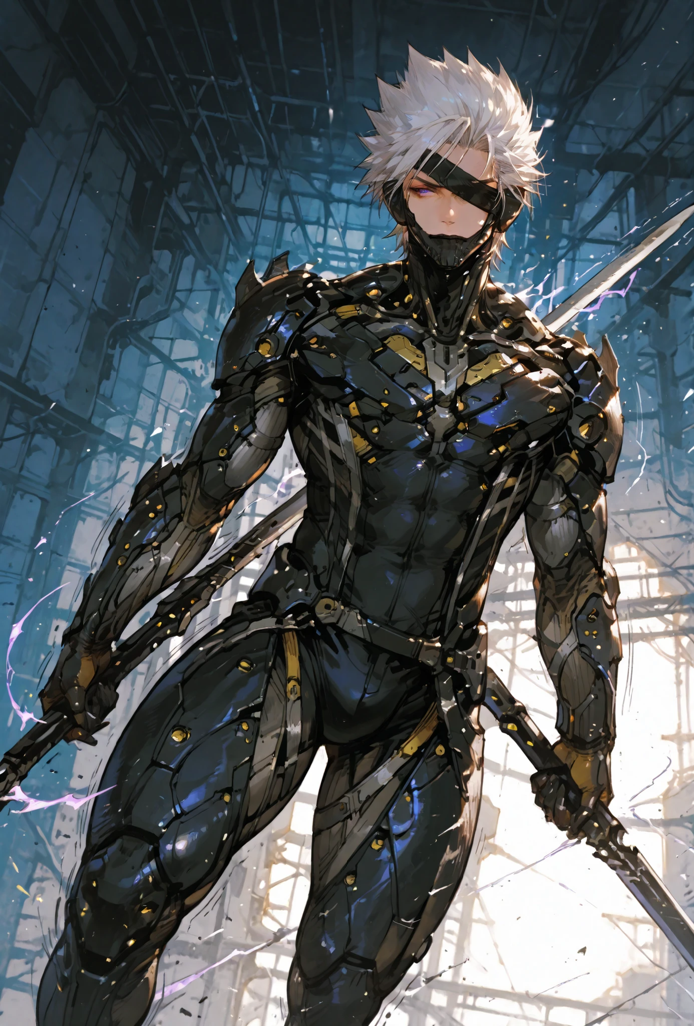 ,Raiden,MGR, holding a metal sword, Def, male focus, muscular male, white hair, spiked hair, short hair, cyborg, mechanical chin, bodysuit, eyepatch, one eye covered,extremely detailed,dynamic lighting,best quality,,,best quality,high quality,, , dynamic angle, , thick thighs, motion lines,, , solo, perfect eyes,,DETAIL,MASTERPIECE,,Expressiveh, ultra detailed,,,,very detailed,extremely detailed,dynamic lighting,best quality,