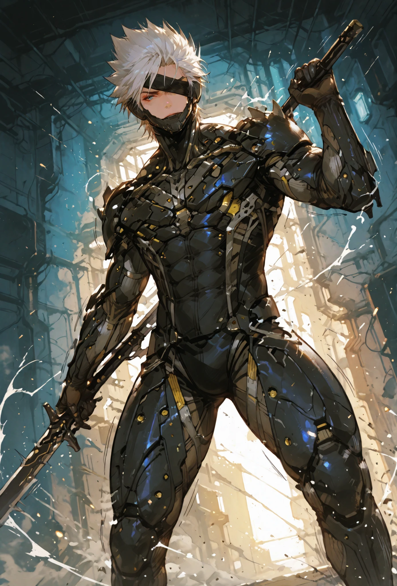 ,Raiden,MGR, holding a metal sword, Def, male focus, muscular male, white hair, spiked hair, short hair, cyborg, mechanical chin, bodysuit, eyepatch, one eye covered,extremely detailed,dynamic lighting,best quality,,,best quality,high quality,, , dynamic angle, , thick thighs, motion lines,, , solo, perfect eyes,,DETAIL,MASTERPIECE,,Expressiveh, ultra detailed,,,,very detailed,extremely detailed,dynamic lighting,best quality,