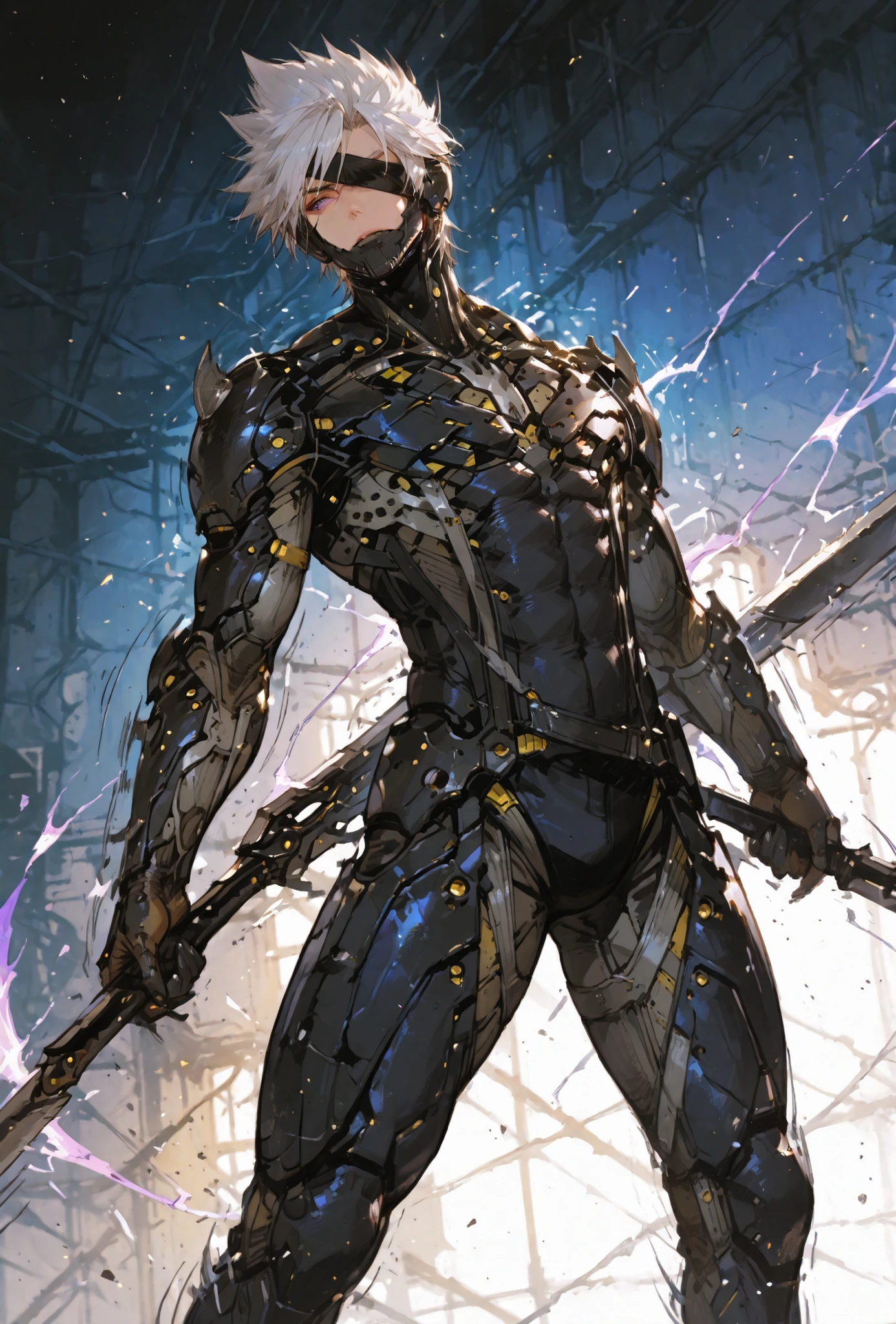 ,Raiden,MGR, holding a metal sword, Def, male focus, muscular male, white hair, spiked hair, short hair, cyborg, mechanical chin, bodysuit, eyepatch, one eye covered,extremely detailed,dynamic lighting,best quality,,,best quality,high quality,, , dynamic angle, , thick thighs, motion lines,, , solo, perfect eyes,,DETAIL,MASTERPIECE,,Expressiveh, ultra detailed,,,,very detailed,extremely detailed,dynamic lighting,best quality,