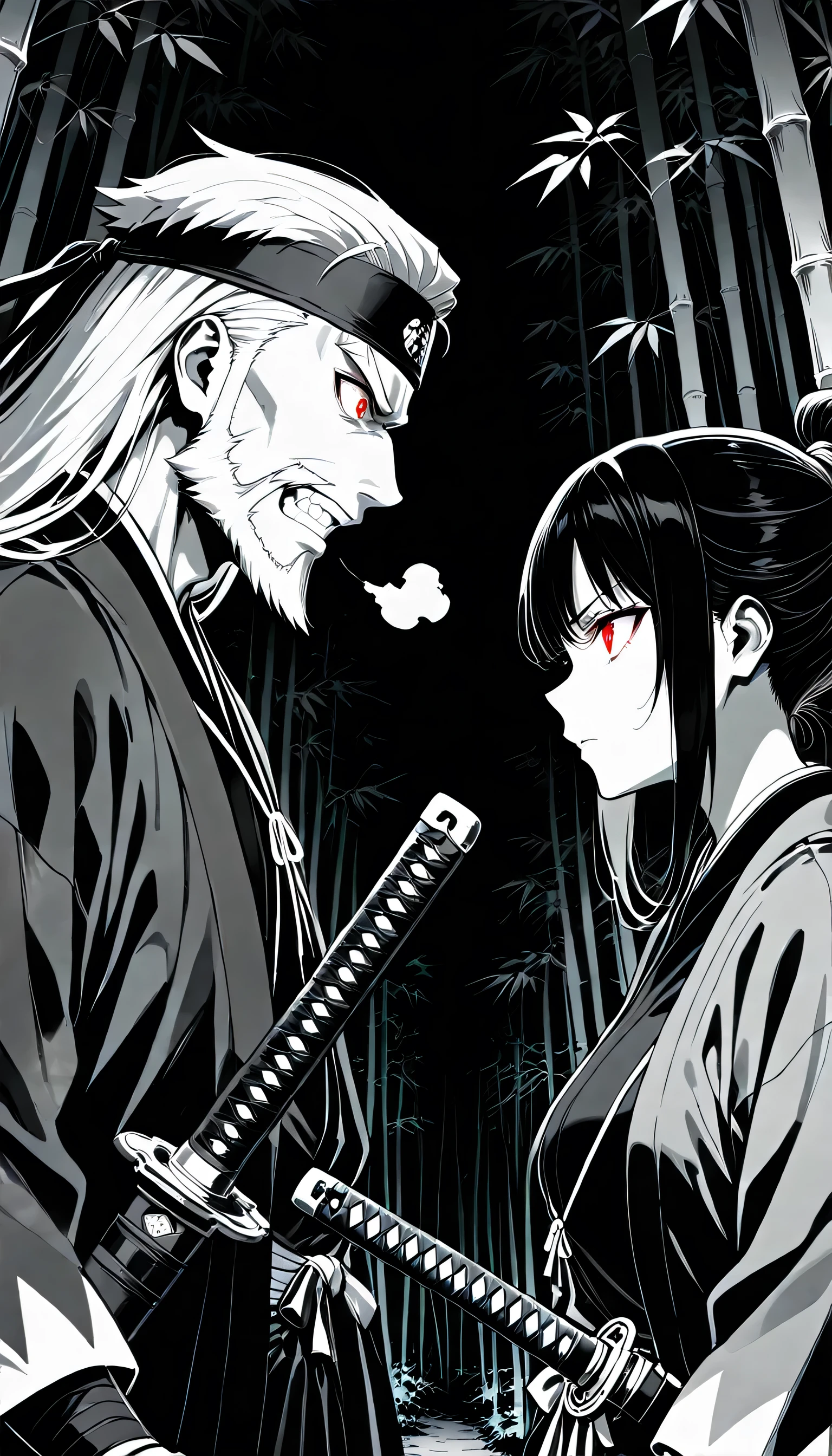 ((greyscale)),masterpiece,Ultra-high resolution,Rich contrast,Very high quality,8k,Highly detailed CG unit wallpaper,Texture,Incredibly absurd,RAW Photos,Depth of written boundary 1.2,0__11Xx_illu,(dark:2.0),Dense bamboo forest,Shinsengumi members hiding in the bamboo forest,Excited men wait with bated breath for their target,Shinsengumi Haori,A headband dyed red and black,Glowing red eyes,A bamboo forest at night in Kyoto 150 years ago,has a sword,ambush,Baring teeth,men,(from side:1.5),(upper body:1.5),(A man with long hair and a beard who has his hair tied back),breath,forward leaning posture,Hand on the sheath containing the Japanese sword,One sword,A man and a woman confront each other,no text