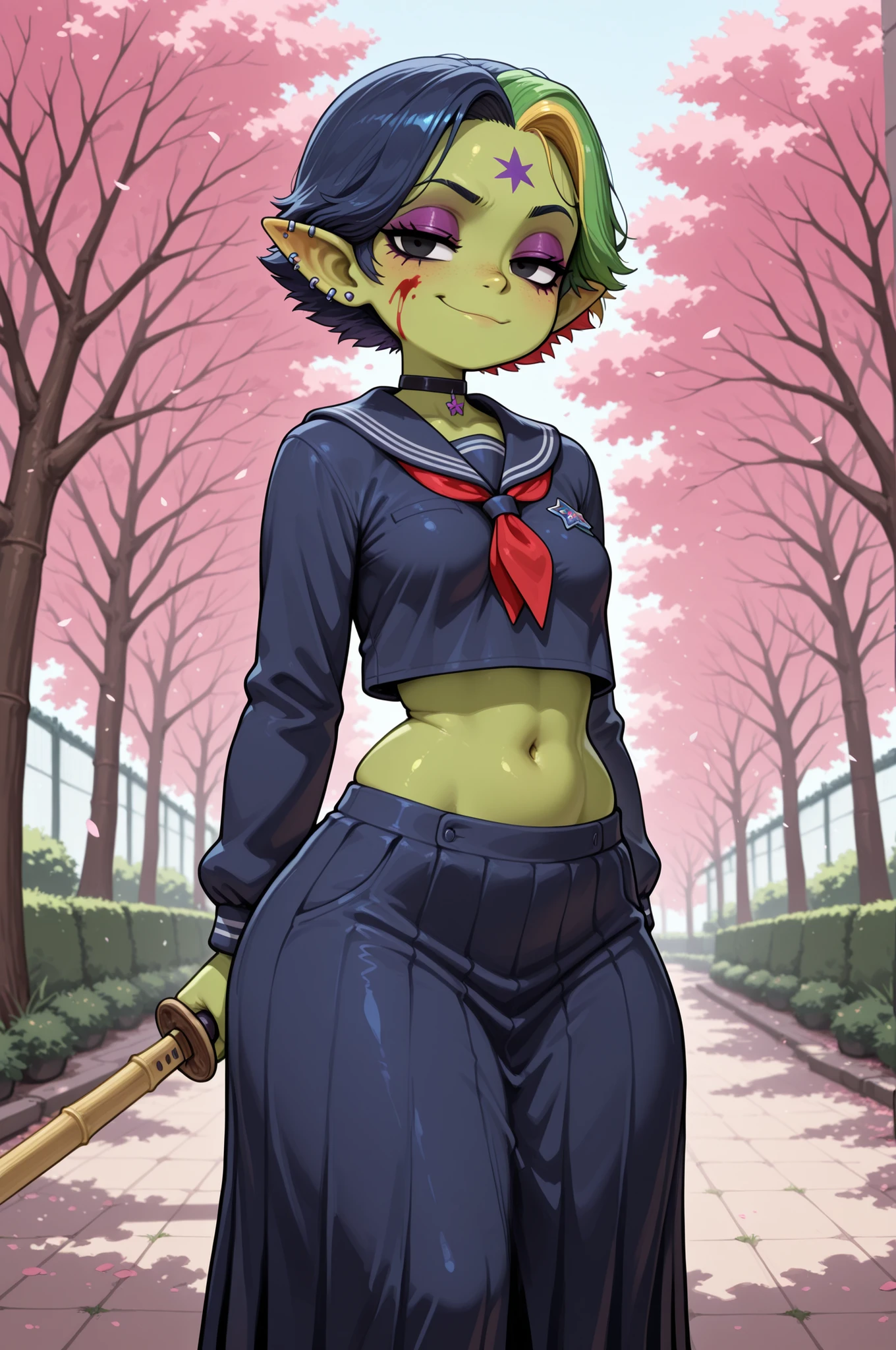 femboy punk, rainbow colors hair, black eye , facial piercings, eye makeup, small breasts, meduim hips, (goblin femboy:1.0) (shortstack:1.0) (green skin:1.0) (pointy ears:1.0) (wide hips:1.0) boy. crossdressing, femboy. medium hips, very short hair. Bouffant. femboy. cross-dresing, choker.|  bamboo sword, defense pose, fencing,handed bamboo sword, Macedonian style. solo. 1 gril. masterpiece, best quality, absurdres, blood on face, forehead tattoo, choker, necklace, 1girl, cute, smug, closed mouth, serafuku, school, outdoors, cherry blossoms, delinquent, long skirt, dark blue uniform, midriff peeek, navel, 
