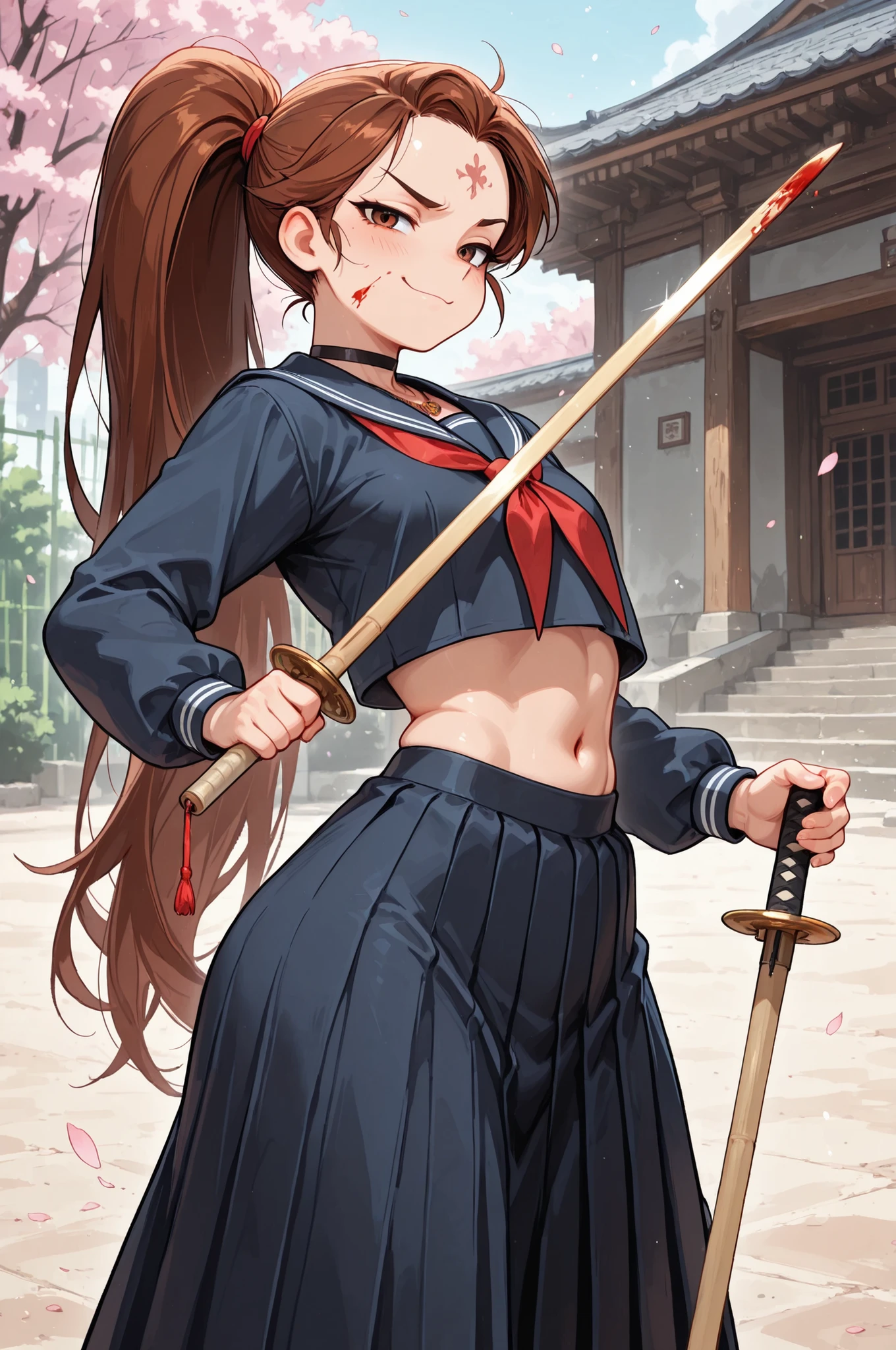 Princess Marco. brown eyes, very long hair, brown hair, ponytail. very small breasts. huge hips. slim body. choker. femboy, crossdressing,| bamboo sword, defense pose, fencing,handed bamboo sword, Macedonian style. solo. 1 gril. masterpiece, best quality, absurdres, blood on face, forehead tattoo, choker, necklace, 1girl, cute, smug, closed mouth, serafuku, school, outdoors, cherry blossoms, delinquent, long skirt, dark blue uniform, midriff peeek, navel, 