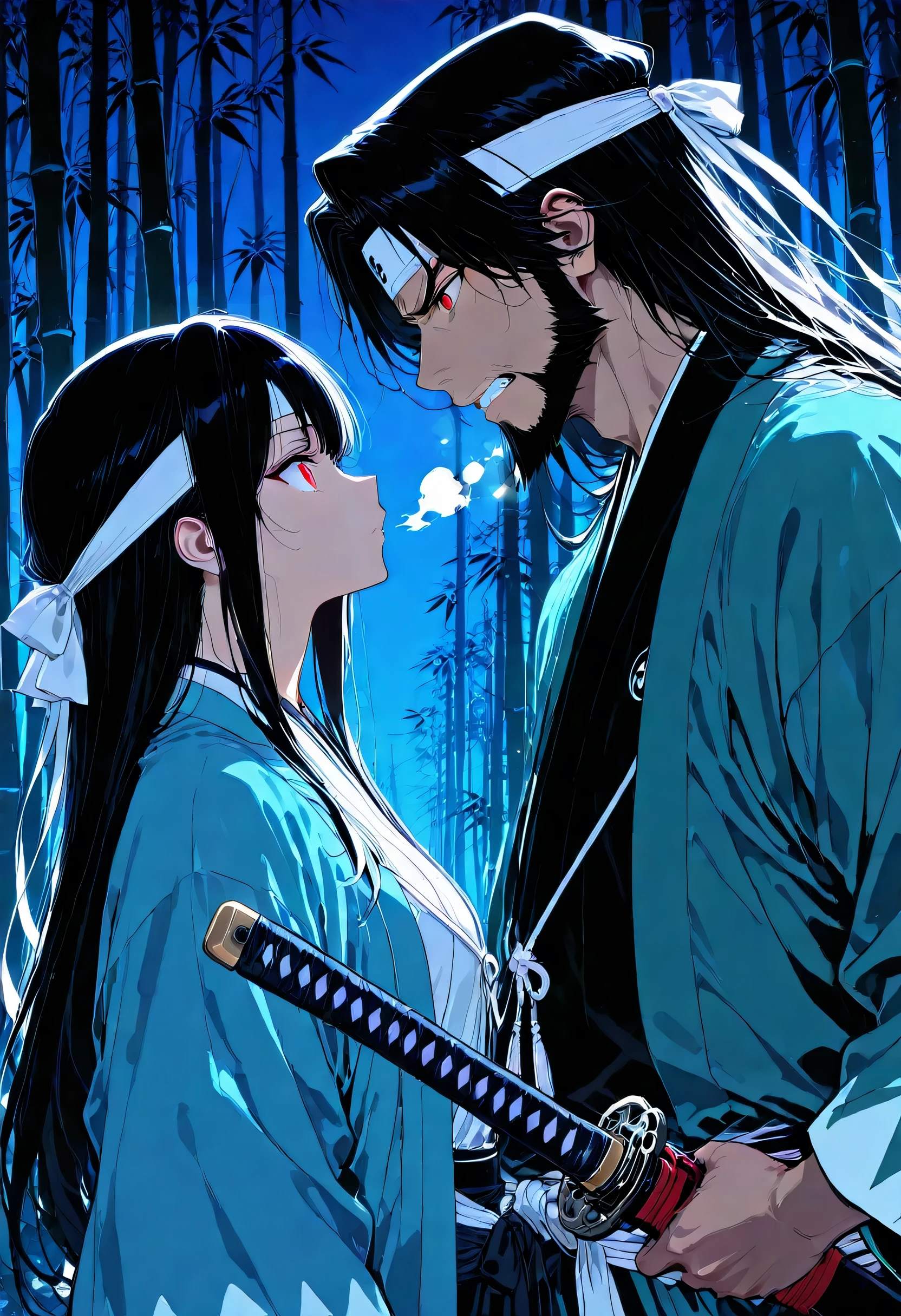 masterpiece,Ultra-high resolution,Rich contrast,Very high quality,8k,Highly detailed CG unit wallpaper,Texture,Incredibly absurd,RAW Photos,Depth of written boundary 1.2,0__11Xx_illu,(dark:2.0),Dense bamboo forest,Shinsengumi members hiding in the bamboo forest,Excited men wait with bated breath for their target,Shinsengumi Haori,((headband)),Glowing red eyes,A bamboo forest at night in Kyoto 150 years ago,has a sword,ambush,Baring teeth,men,(from side:1.5),(upper body:1.5),(A man with long hair and a beard who has his hair tied back),breath,forward leaning posture,Hand on the sheath containing the Japanese sword,One sword,A man and a woman confront each other,no text,Set-Flat-Style,flat color,vector style,clean lines,colorful background,sky,((black hair)),