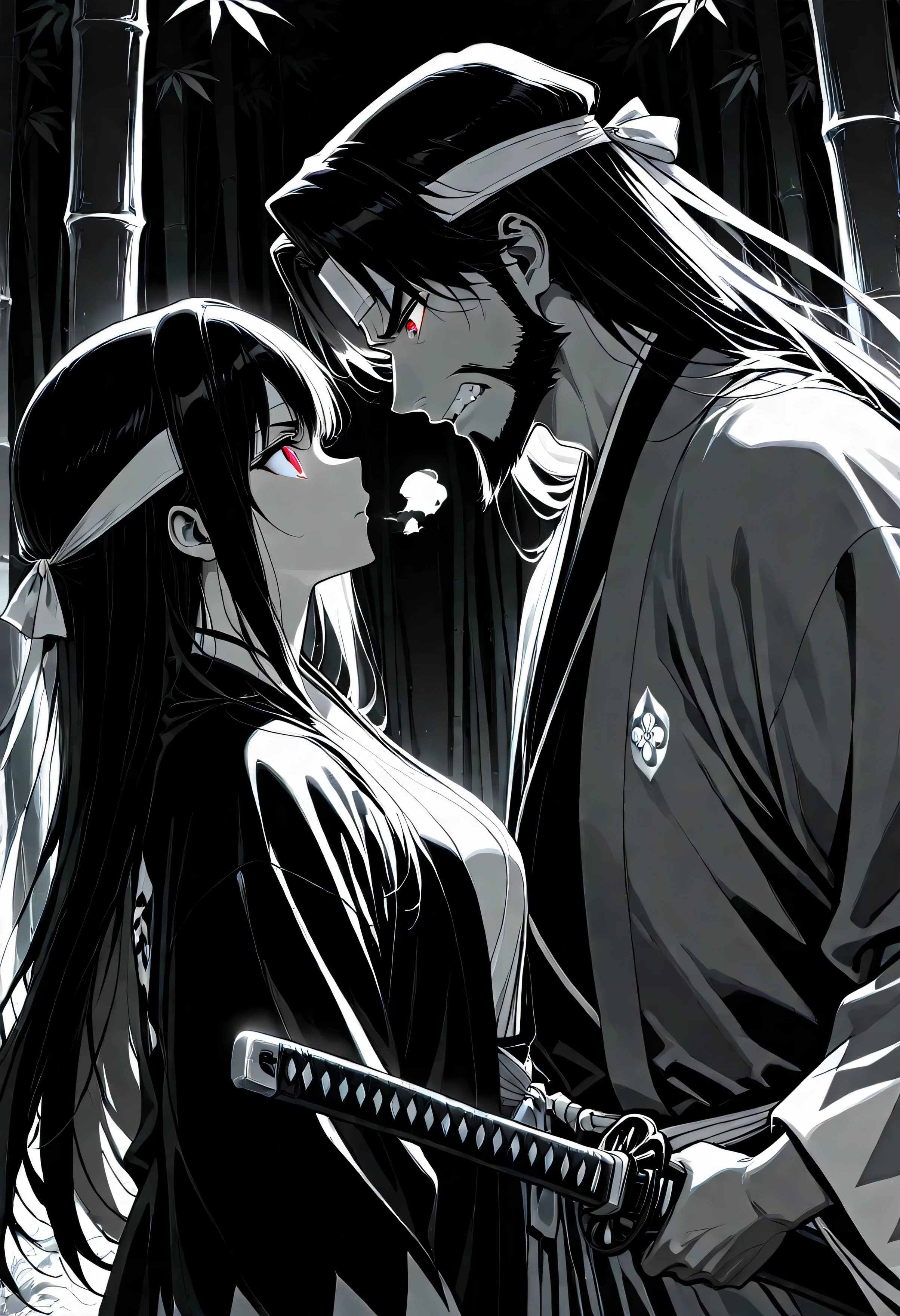 ((greyscale))masterpiece,Ultra-high resolution,Rich contrast,Very high quality,8k,Highly detailed CG unit wallpaper,Texture,Incredibly absurd,RAW Photos,Depth of written boundary 1.2,0__11Xx_illu,(dark:2.0),Dense bamboo forest,Shinsengumi members hiding in the bamboo forest,Excited men wait with bated breath for their target,Shinsengumi Haori,((headband)),Glowing red eyes,A bamboo forest at night in Kyoto 150 years ago,has a sword,ambush,Baring teeth,men,(from side:1.5),(upper body:1.5),(A man with long hair and a beard who has his hair tied back),breath,forward leaning posture,Hand on the sheath containing the Japanese sword,One sword,A man and a woman confront each other,no text,((black hair)),