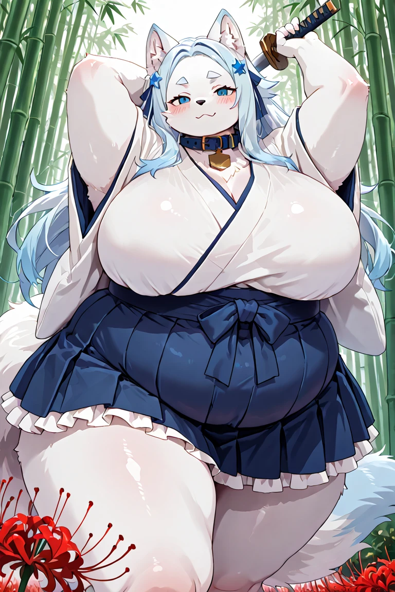 masterpiece, best quality, ultra HD, 4k, detailed , ((bimbo)), extremely voluptuous, ((thicc)), curvy, (shiny skin), white fur, (very :1.6), rounded shaped fox face), black nose, kitsune, very plumpness, very tall, fox ears, multiple tails, ((solo)) , (stunningly beautiful), extremely busty, smile, ((only wearing  fundoshi)), ((only red fundoshi)), (()), full body picture,  plantigrade legs , humanoid feet, very huge pink , ((fully )), Very Massive , Very Plump and fat belly. ((fox snout)), ((furry)), show legs and  feet, very plump,  , (()) , Female, ((always fully )), big belly, blushing, big feet, ((Rokushaku fundoshi only)), blue nails,