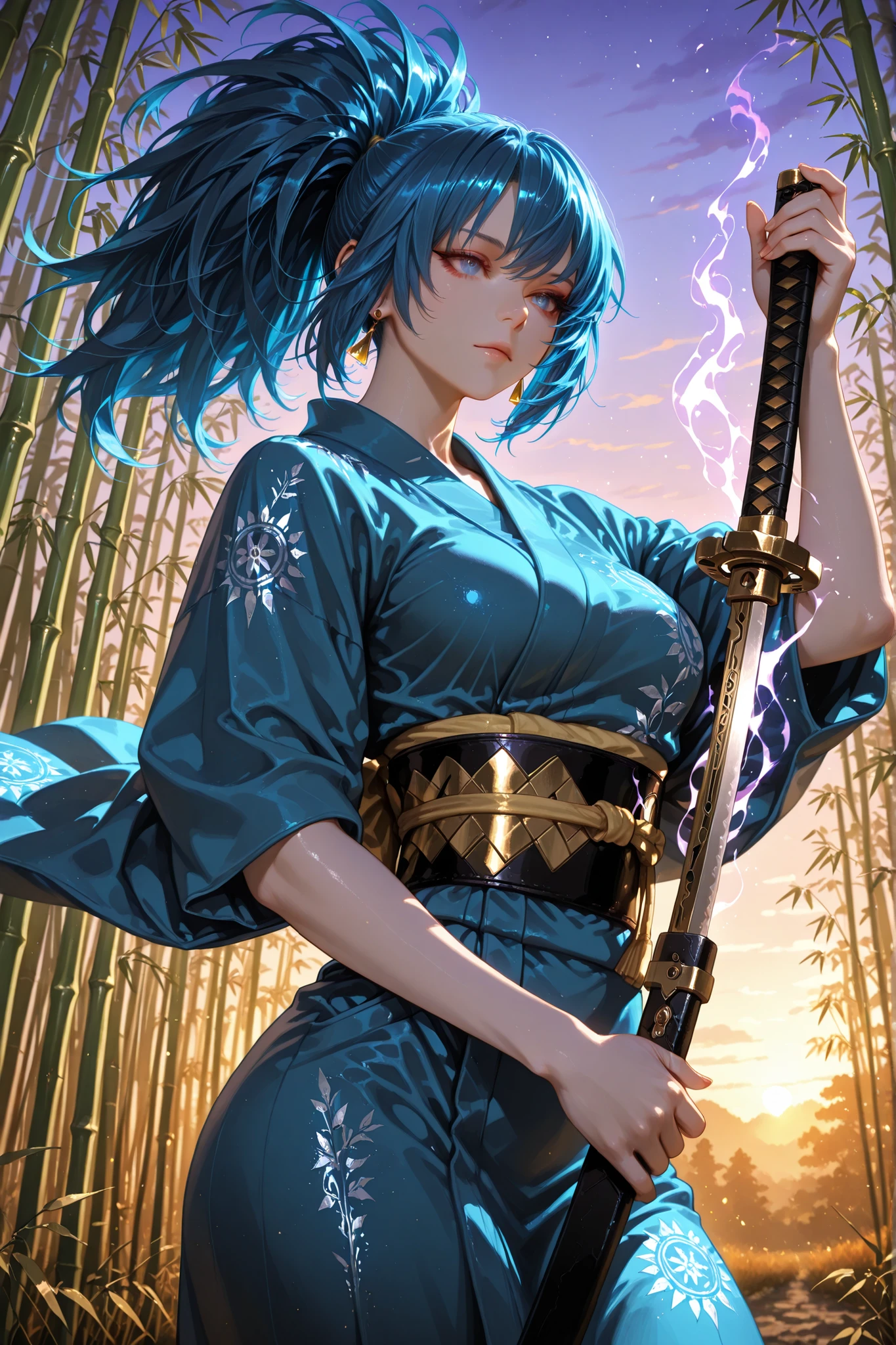 1 girl, Leona Heidern, blue eyes, blue hair, ponytail, pretty eyes, detailed eyes, gradient eyes, long eyelashes, beautiful eyes, beautiful face, perfectly symmetrical face, delicate and harmonious features, face with golden ratio, beautiful hair, realistic skin with natural texture, medium breasts, good anatomy, anatomically correct hands, traditional blue kimono with elaborate golden patterns, holding a black-bladed katana in an attack position, flowing hair, open field at dusk, bamboo forest in the background creating dramatic silhouettes, mystical purple aura surrounding her body, twilight sky with purple and orange tones, side lighting highlighting the details of the kimono, from the waist up, depth of field, cinematic composition