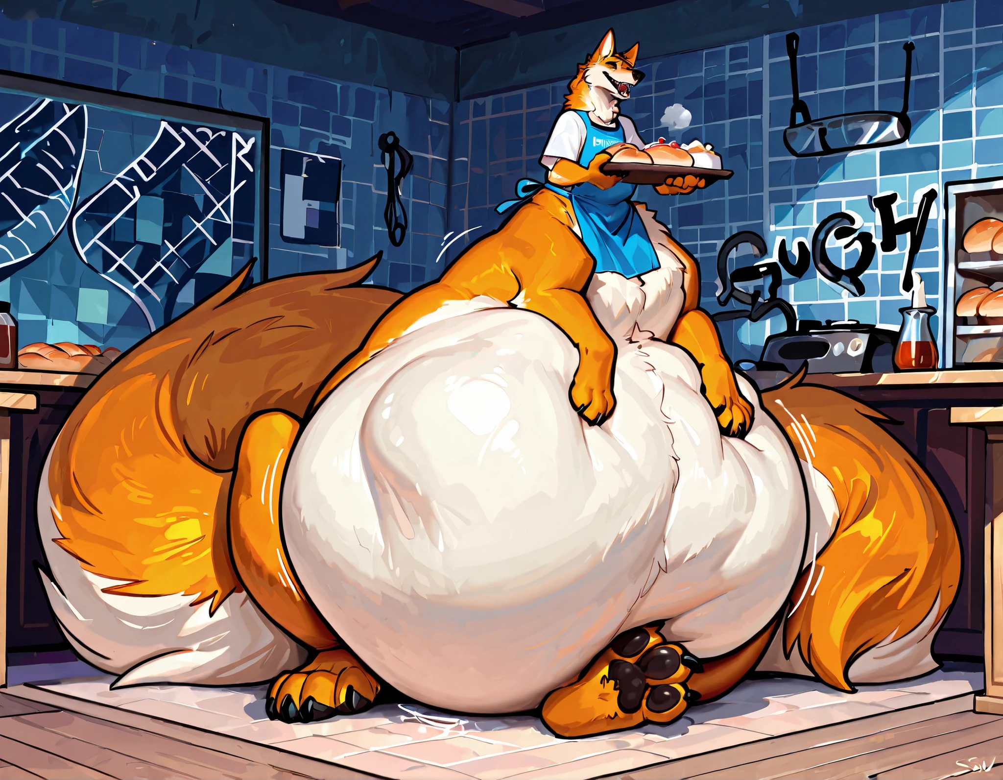 4k ultra quality, 4k full body view,(ultra high detailed body),(wolf taur:1.3),by mystikfox61, by glitter trap boy,feral paws, by bebebebebe,by morethreedee, by seibear,sharp nails,((sfw)),(ultra detailed face),detailed eyes,big tail,(hyper tail:1.2),(detailed tail),fluffy belly,enomorous tail,bigger tail,huge tail,volumetric light,fluffy paws,(wolftaur), beast,(bigger lower body),(thick legs:1.2),(thick paws),master works, super fine, 4k resolution, high quality,high picture detail,illusory engine, Masterpiece,enomorous taur belly, huge taur belly,(hyper belly),(wearing shirt),((smaller head)),((enomorous body)),(thick paws),(light orange fur),cream belly fur,creae taur belly fur,big mouth,belly bed,lying,mouth open,big packs,leather belts,multiple belts,(pastel style),in a bakery,(apron),carrying a tray,struggling belly, stretchy belly, struggling stomach, writhing belly,(sitting),(vore:1.5),(plug),hugging belly,(round belly),smooth belly,(obese taur)