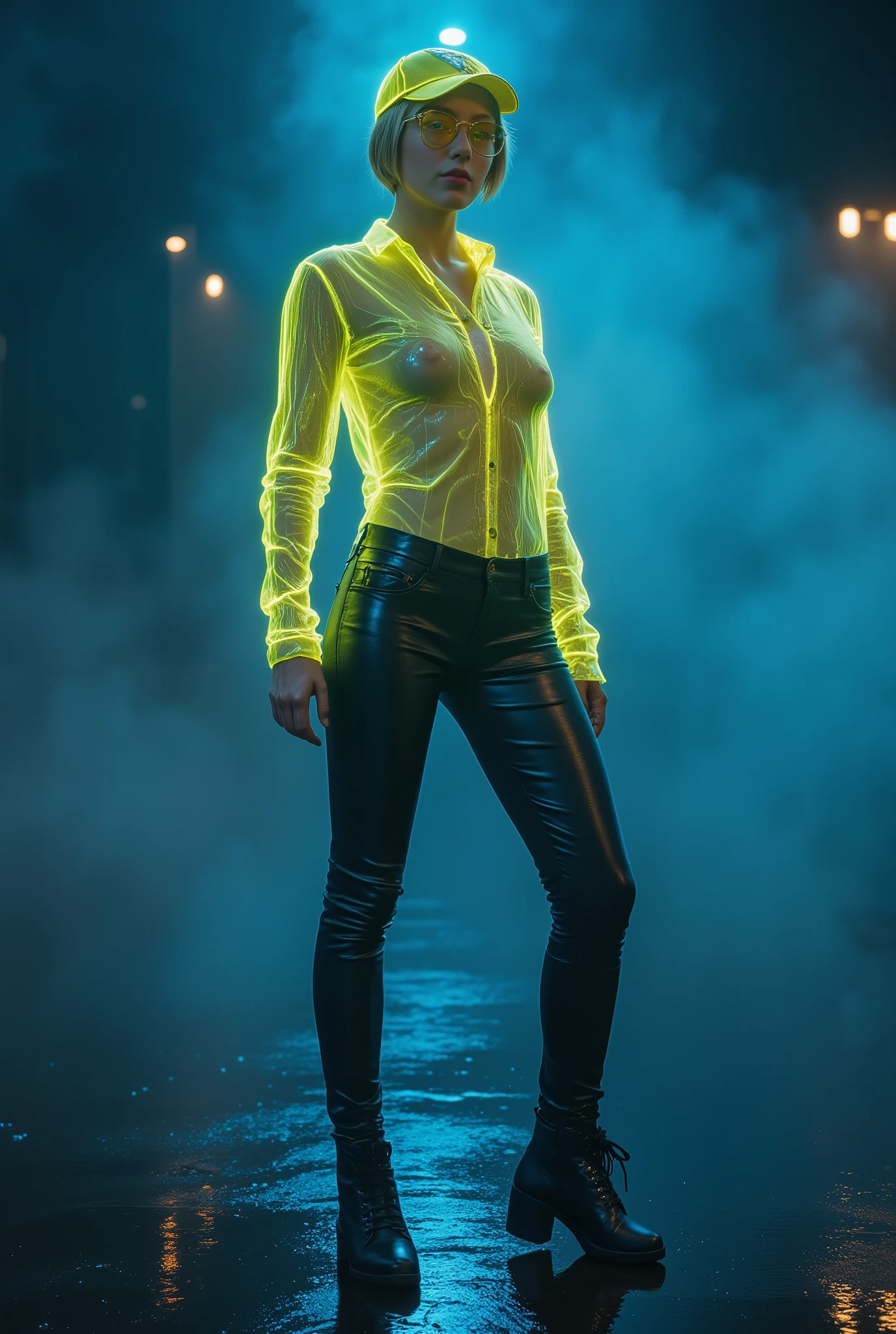 Create the image of a beautiful blonde woman with short hair.
She wears thin-framed glasses with yellow lenses.
She wears a yellow cap created like a hologram. The cap is semi-transparent, and its outline is shiny, with bluish hues.
She wears a yellow button-down shirt that was created like a hologram. The shirt is long-sleeved and semi-transparent, with its outline shiny.
She wears black pants with a shiny, synthetic fabric that reflects the ambient light. She has an athletic, toned body, but not overly muscular.
She stands facing the camera in a confident, slightly sensual pose. The light gently travels across her form, creating an intense glow at the edges and a realistic translucent effect inside. She stands facing the camera, with soft lighting reflected on the floor. The environment is shrouded in fog and volumetric light, with cool tones and a cyberpunk atmosphere. The scene is dark and illuminated by diffuse neon lights, with particles floating in the air and reflections on the wet floor. Hyper-realistic imagery, cinematic sci-fi style, strong contrast, 8K quality.