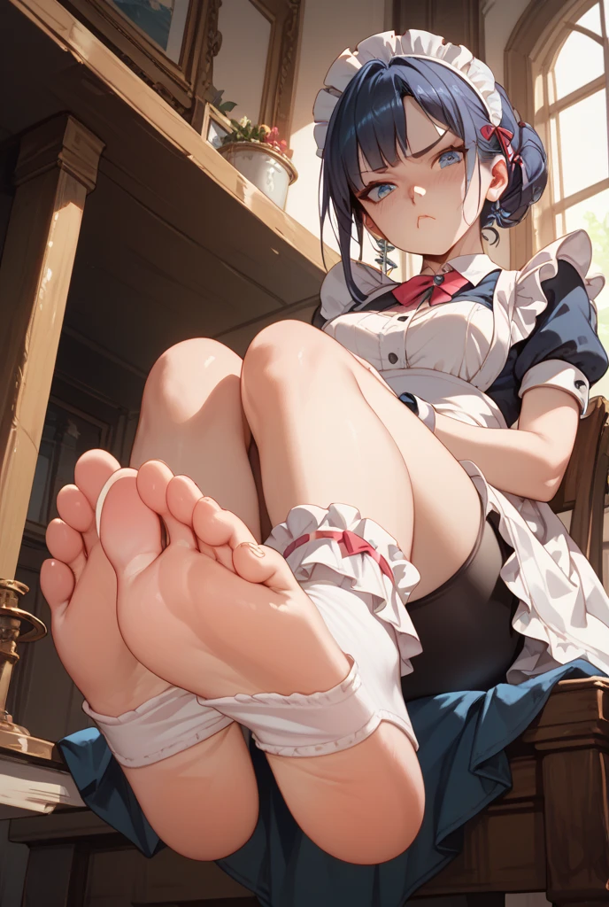 (), Masterpiece、Highest quality、Highest quality, (long and thin legs, shoes:1.2), Arm behind wrist, squat、Spread your legs、1 girl, (smile、Open your mouth大笑い:1.2), Cute eyes, (Detailed face:1.3)、Open your mouth, The whole face turns red, alone, Big and ample , (Straight bangs, bowl cut), White maid outfit、Side bust、Underbust、belly button、Walking through the mansion'corridor、、shoes下