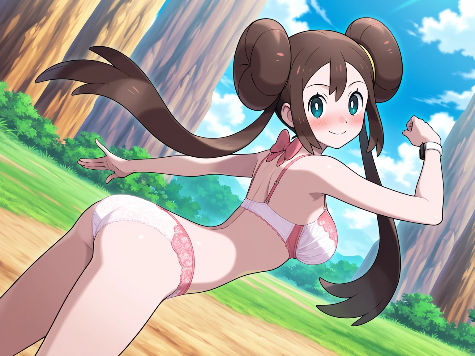 masterpiece, best quality, highres,  <lora:RosaPokemon:1>, shorts, visor cap, yellow shorts, short shorts, outdoors, smile, jumping, two legs up, sneakers, shoes, beach, ocean, yellow ,  shorts, (((swimsuit))), ((())),