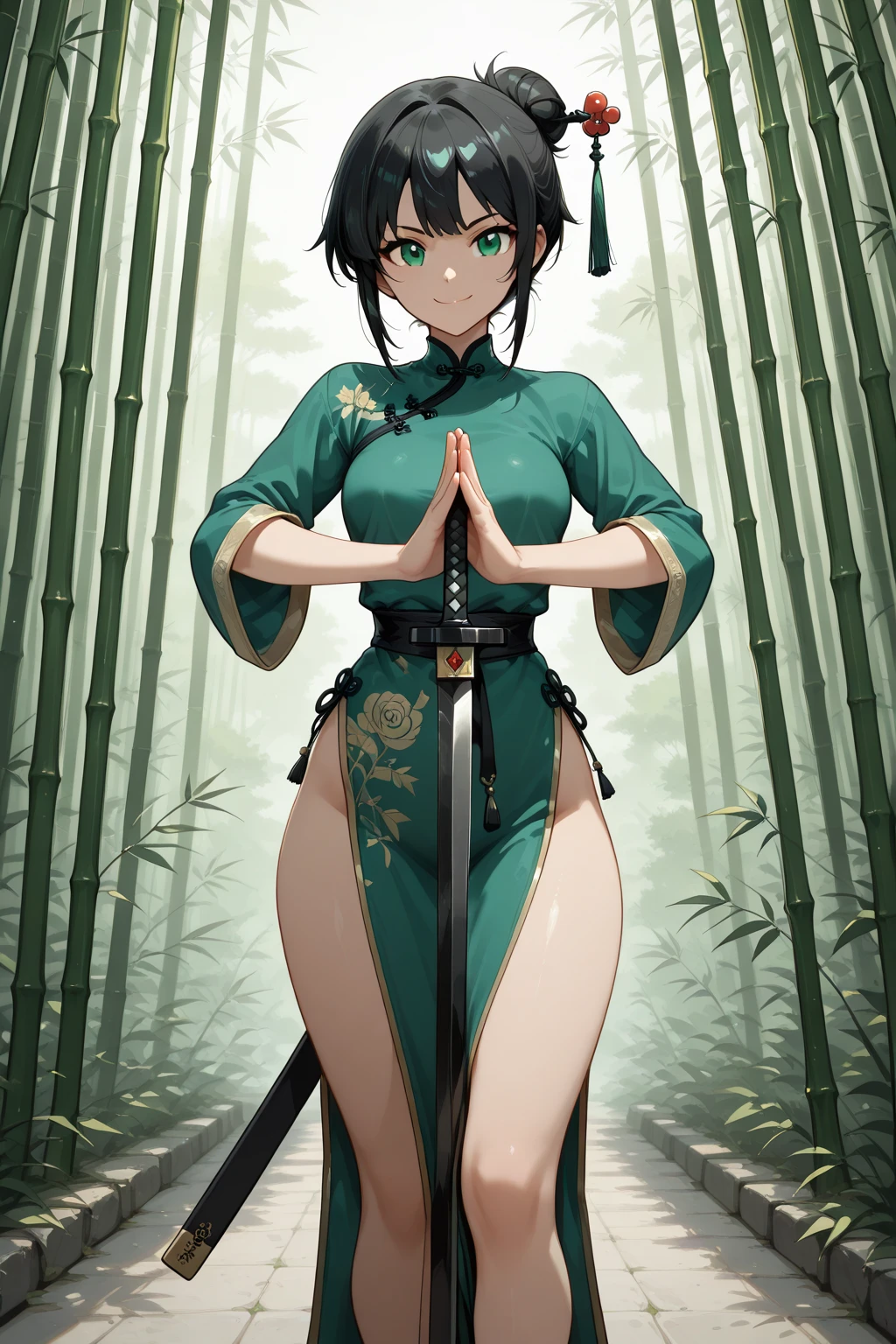 score_9, score_8_up, score_7_up, score_9,  BREAK  <lora:toph:1> tophbeifongSDXL, 1girl, solo, smile, black hair, thighhighs, gloves, green dress, bare shoulders, jewelry, medium breasts, underwear, panties,  barefoot, elbow gloves, fingerless gloves, hair bun, grin, bracelet, chinese clothes, side-tie panties, china dress, pelvic curtain, lowleg,hair covering his eyes, hair over eyes, toeless legwear, cowboy shot, rocks background, from above