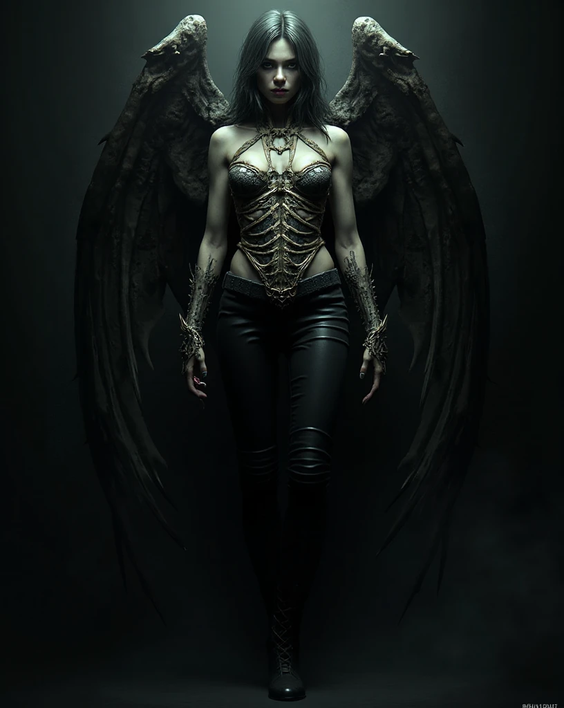 sensual demon woman, wanton, translucent skin with veins showing through, wide angled full body portrait, spread wings, licentious, photo realistic, masterpiece