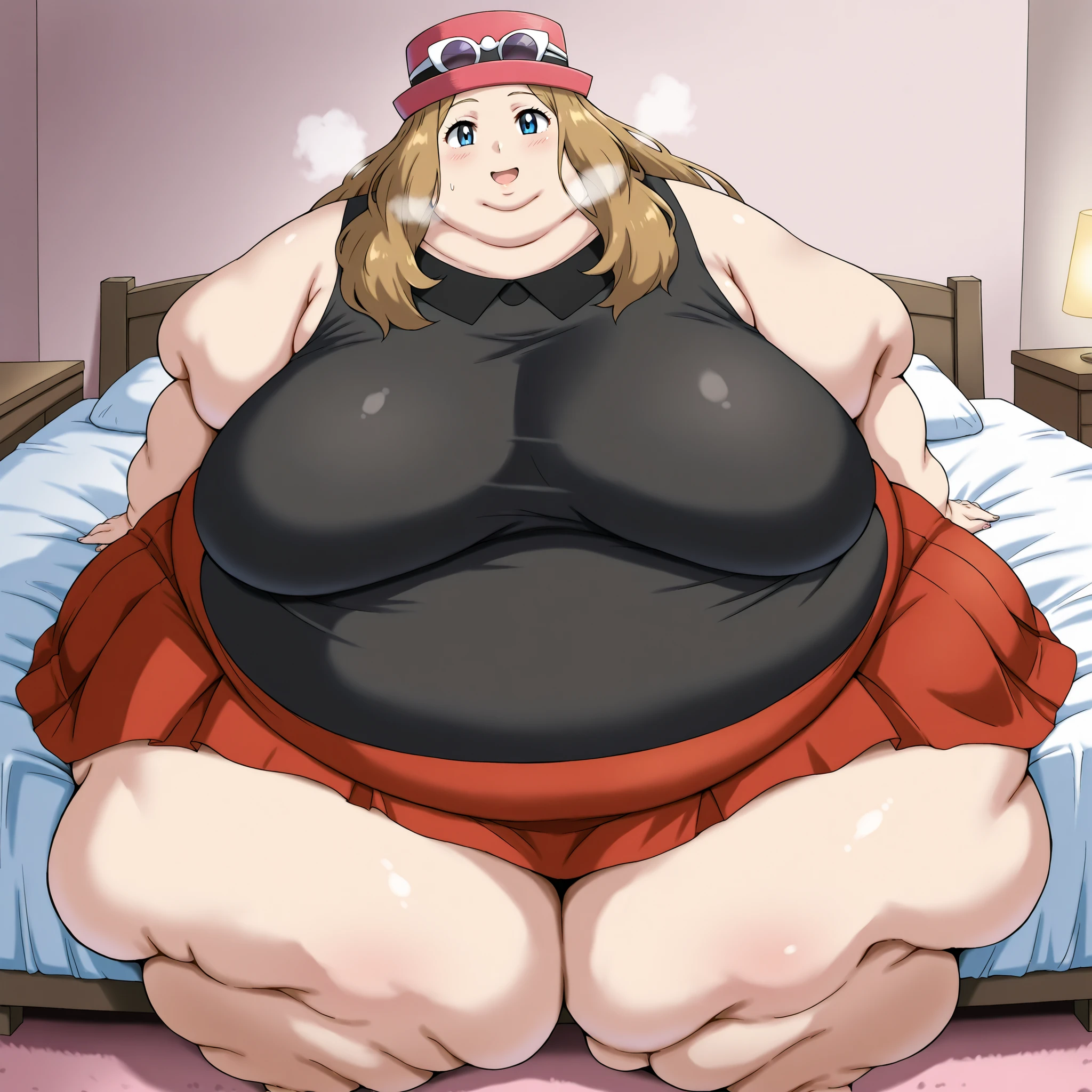 source_anime, pokemonserena, serena, long hair, blue eyes, brown hair, smile, eyewear on head, hat, skirt, sunglasses, shirt, black shirt, sleeveless, red skirt, pink hat, bedroom, fat, chubby, obese, fat neck, multiple chins, big breasts open mouth, out of breath, Larger female, full body shot, sitting on bed, sitting down,
