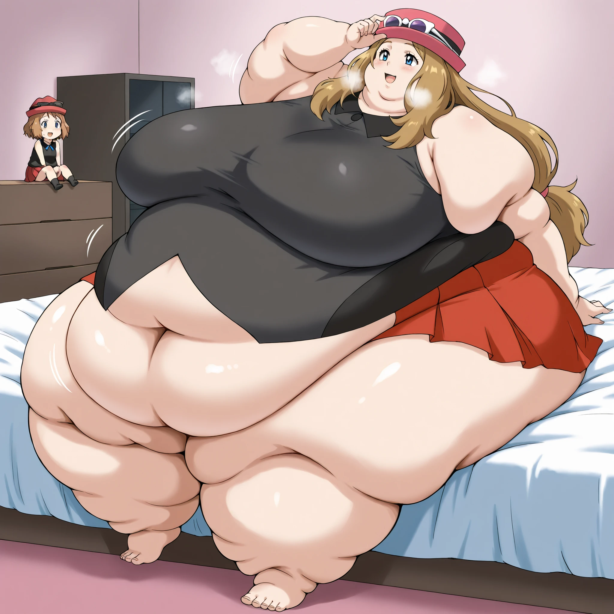 source_anime, pokemonserena, serena, long hair, blue eyes, brown hair, smile, eyewear on head, hat, skirt, sunglasses, shirt, black shirt, sleeveless, red skirt, pink hat, bedroom, fat, chubby, obese, fat neck, multiple chins, big breasts open mouth, out of breath, Larger female, full body shot, sitting on bed, sitting down,