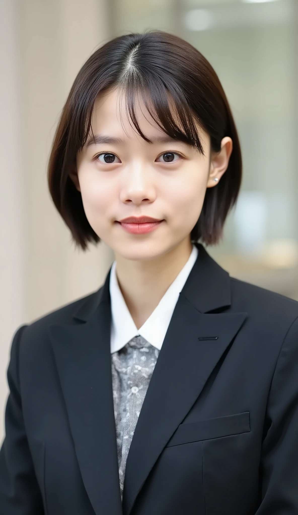 Neat Young Woman、looking at the camera、office lady suit、jacket、shirt、ear piercings、、hairstyle short bob、 、無表情、口を閉じている、、face close-up、The background is office