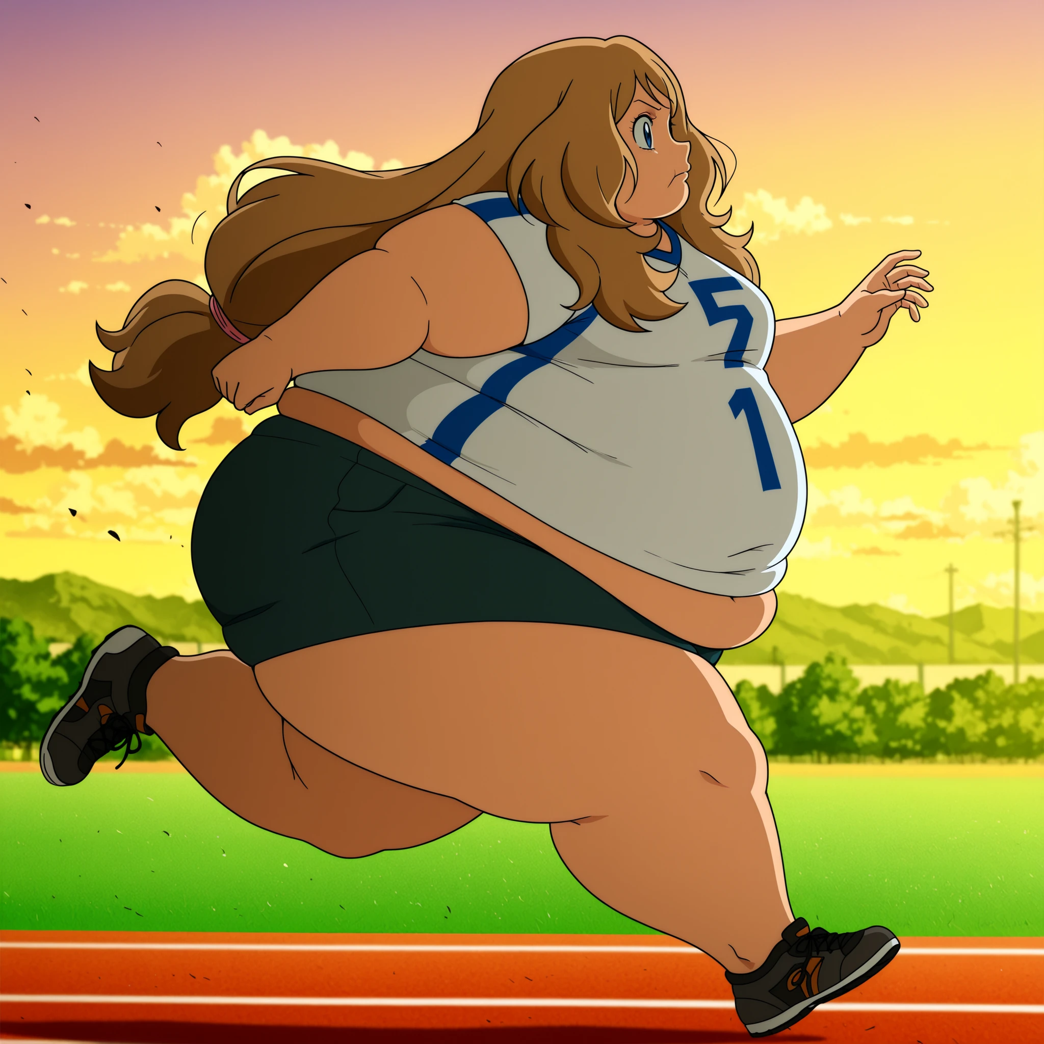 masterpiece, best quality, 5 fingers, sky, cloud, , morning, 1 girl, solo,
anime coloring, animescreencap, light,     

source_anime, pokemonserena, serena, long hair, blue eyes, brown hair,,, bulging belly, midriff peek,
 
from side, serious, full body shot, sneakers,
jersey, short shorts,running,  outdoor,
running track, wind fat, obese, full cheeks, 