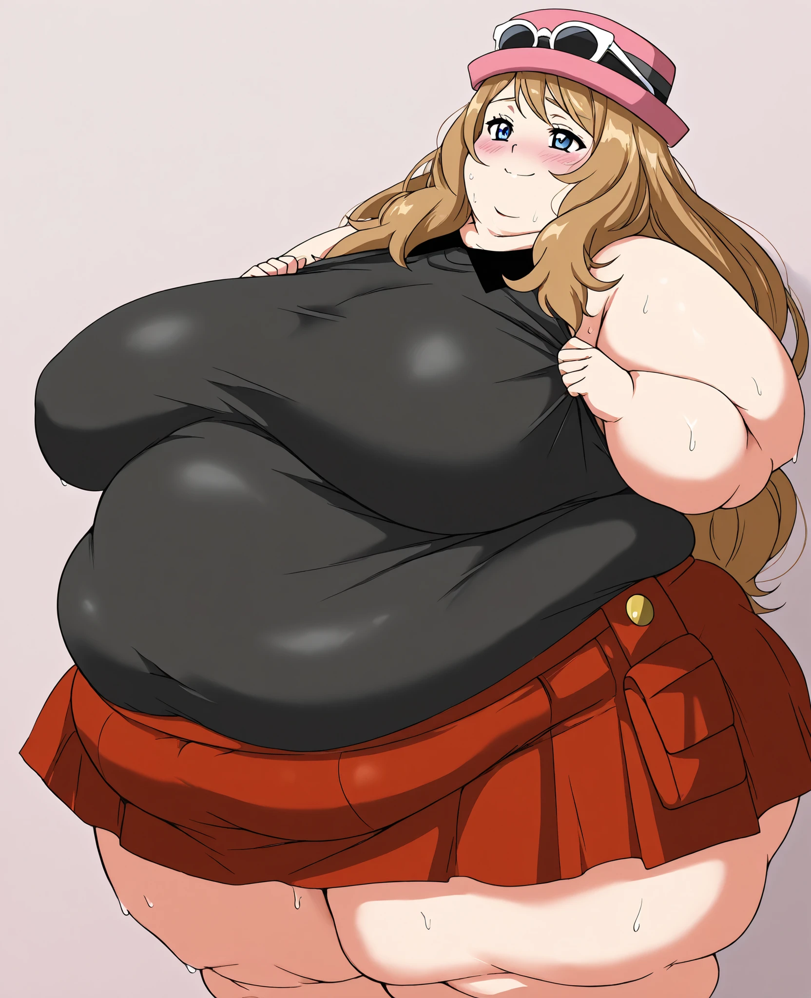 masterpiece, best quality, solo, 1girl, score_9, score_8_up,score_7_up BREAK, 1girl, solo, chubby, fat, very fat, obese, obesearms and legs, sloppy stomach, saggy round breasts, fat face, fupa, double chin, plump, thick thighs, thigh, morbidly obese, immobile, blush, sweaty, sweaty hair, blushing, source_anime, pokemonserena, serena, long hair, blue eyes, brown hair, smile, eyewear on head, hat, skirt, sunglasses, shirt, black shirt, sleeveless, red skirt, pink hat, (clothes rip 1.3), (tight clothes 1.5),
