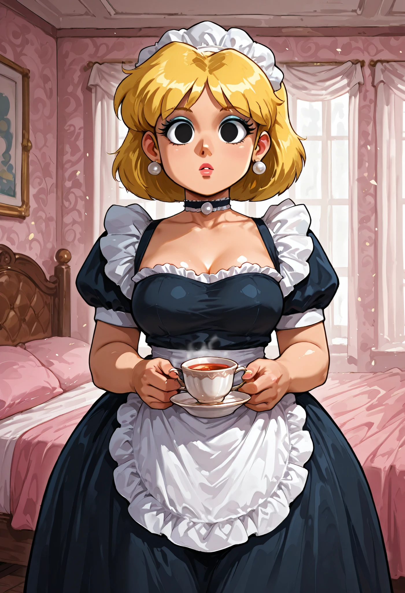 Lori Loud. medium breasts, huge hips, blonde hair, black eyes, blue eyeshadow, pearl earrings, white earrings. choker.| masterpiece, best quality, face focus, looking at viewer, bedroom, (maid:1.2), solo, presenting a cup of tea, retro artsyle, 1990s (style), empty eyes,