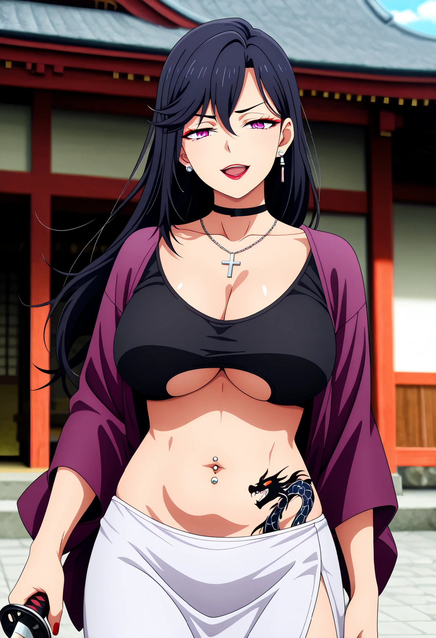 masterpiece, best quality, amazing quality, depth of field, long hair, black hair, purple eyes, , nail polish , , makeup , ear piercing , long hair , lipstick , Hot girl , baddie , smoking , sensual , attractive , choker , cross necklace ,,outdoor, japanese architecture, temple, kimono, purple shawl, wide sleeves, , serious, looking at viewer, slim belly, east asian architecture,,holding sword, , mature female, masterpiece,high quality,4k,belly,,,cleavage, ,, smile, open mouth, () , evil expression,belly, exposed navel, exposed midriff, cleavage cutout, , exposed lower belly,,,navel piercing , underboob , side slit, , medium , dragon tattoo on waist, narrowed eyes, tattoo on waist,, anipai_style , anime screencap , anime coloring,,v-shape eyebrows