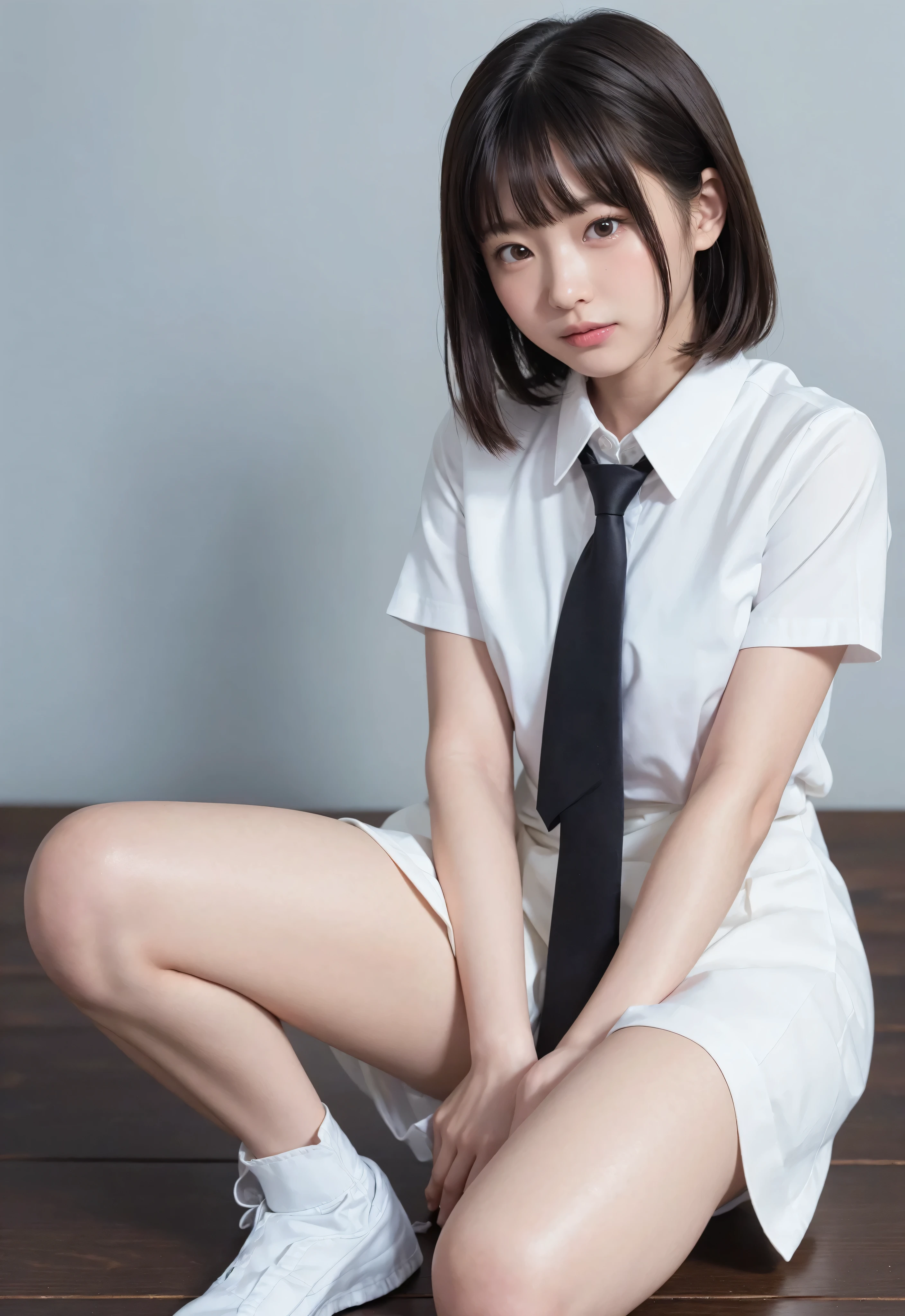 soft lights,(japanese)), (((front in the sky, Age 15))), (Deep Synthesis ), piles super high resolution, (authentic: 1.4), Original photo, ((School Uniform, collared shirt, white shirt, Short sleeve, necktie, shortスカート)), smiley face n ,small breasts,skinny,slender,short,slender body,younger,かわいいyounger女の子,Narrow Shoulder,realistic,japanese,best image quality,violently,dark hair