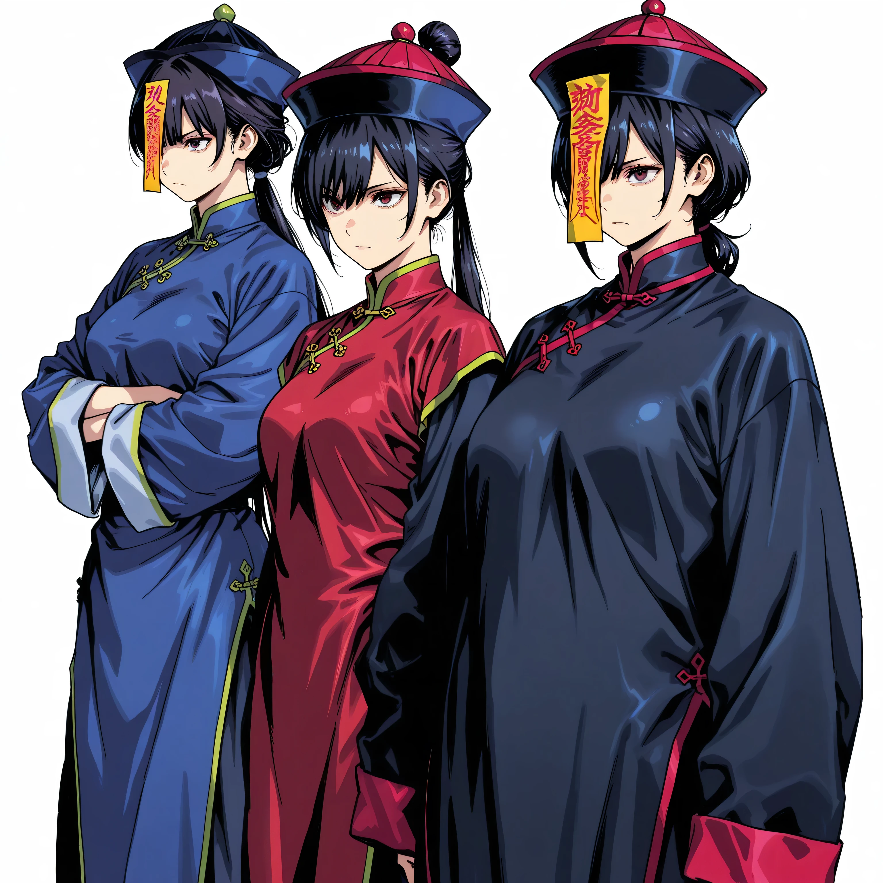 chinese clothes,KungFuUniform,score_9, score_8_up, score_7_up, gsfghtr, multicolored robe, white background, serious, long ponytail, kohei horitoshi, invited, 1jiangshi girl, mature female, chinese hat,