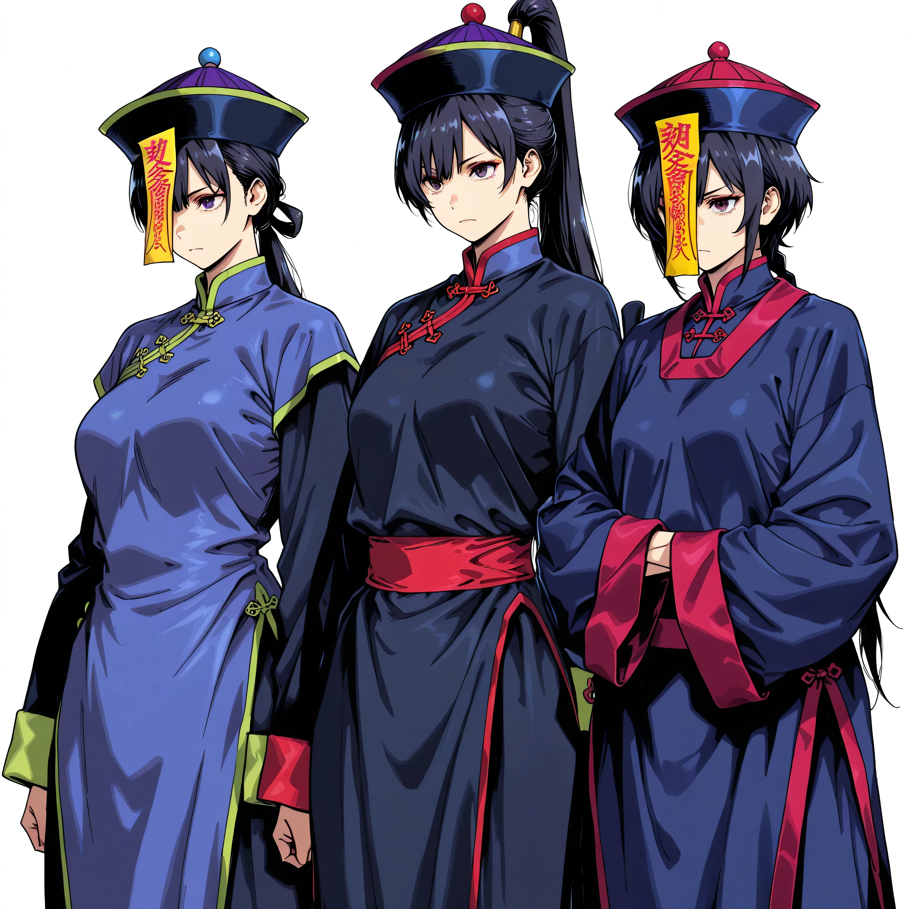 chinese clothes,KungFuUniform,score_9, score_8_up, score_7_up, gsfghtr, multicolored robe, white background, serious, long ponytail, kohei horitoshi, invited, 1jiangshi girl, mature female, chinese hat,