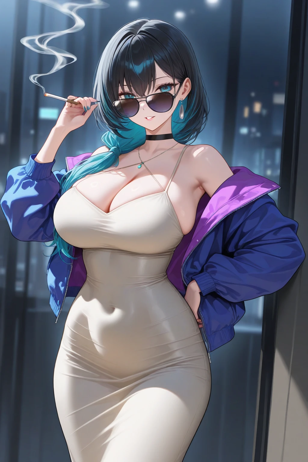 Anime - Style woman with blue hair and silver dress posing on the street, seductive anime girls, Extremely detailed Artgerm, trending on artstation pixiv, an oppai cyberpunk, beautiful blue-haired girl, Detailed digital anime art, beautiful and seductive anime woman, trending on cgstation, Artgerm on ArtStation Pixiv, Digital anime art,huge tit,Hold your phone，