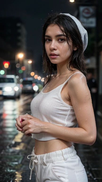 a beautiful woman,  , facing camera, wearing a composition of bubble wrap::cyberpunk jacket, bubble