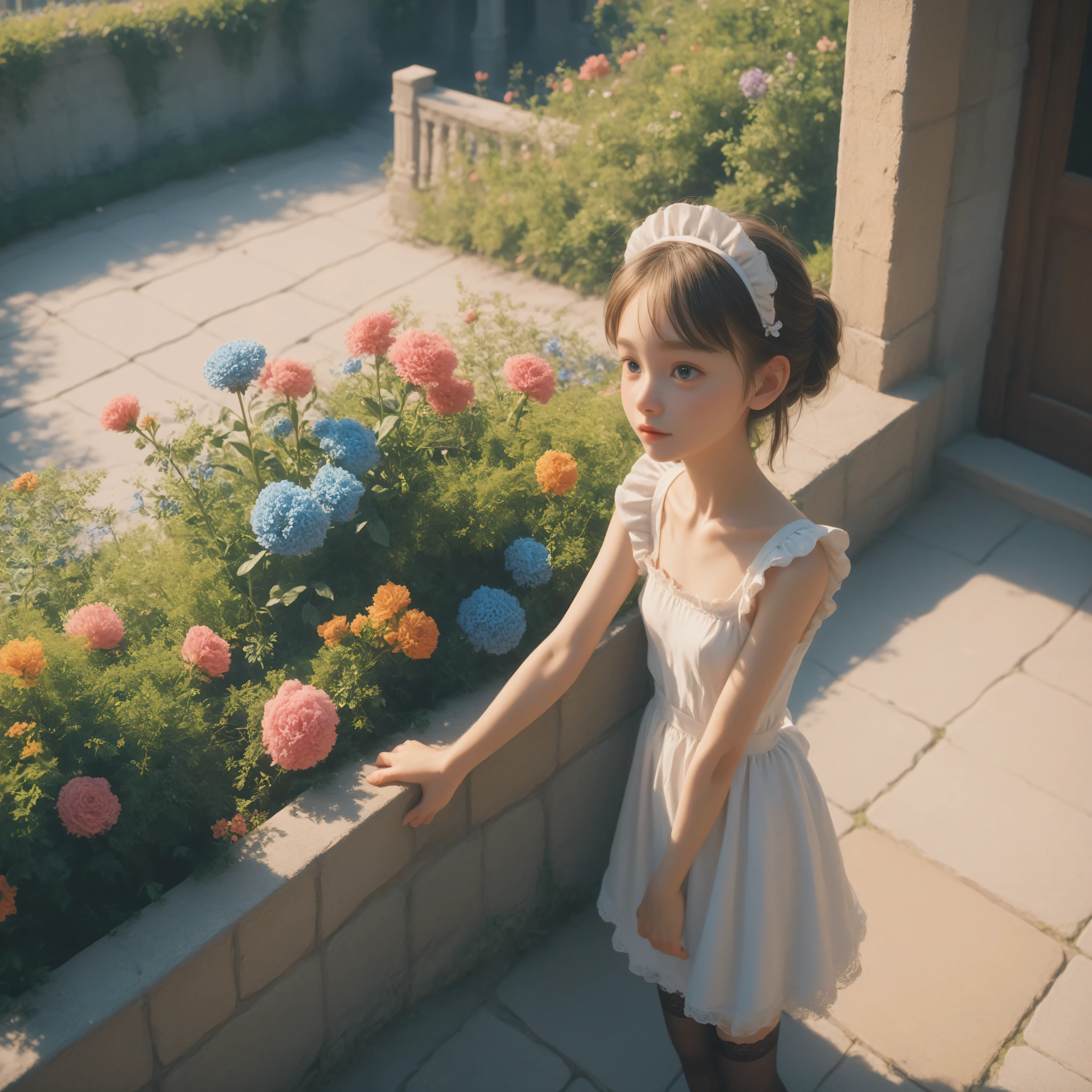 1 Girl、maids,Look at the audience,(skinny:1.35),(younger:0.05),from above,lean forward,is watering flowers outside the mansion,japanese,(smile Yang:0.24),black lace stockings