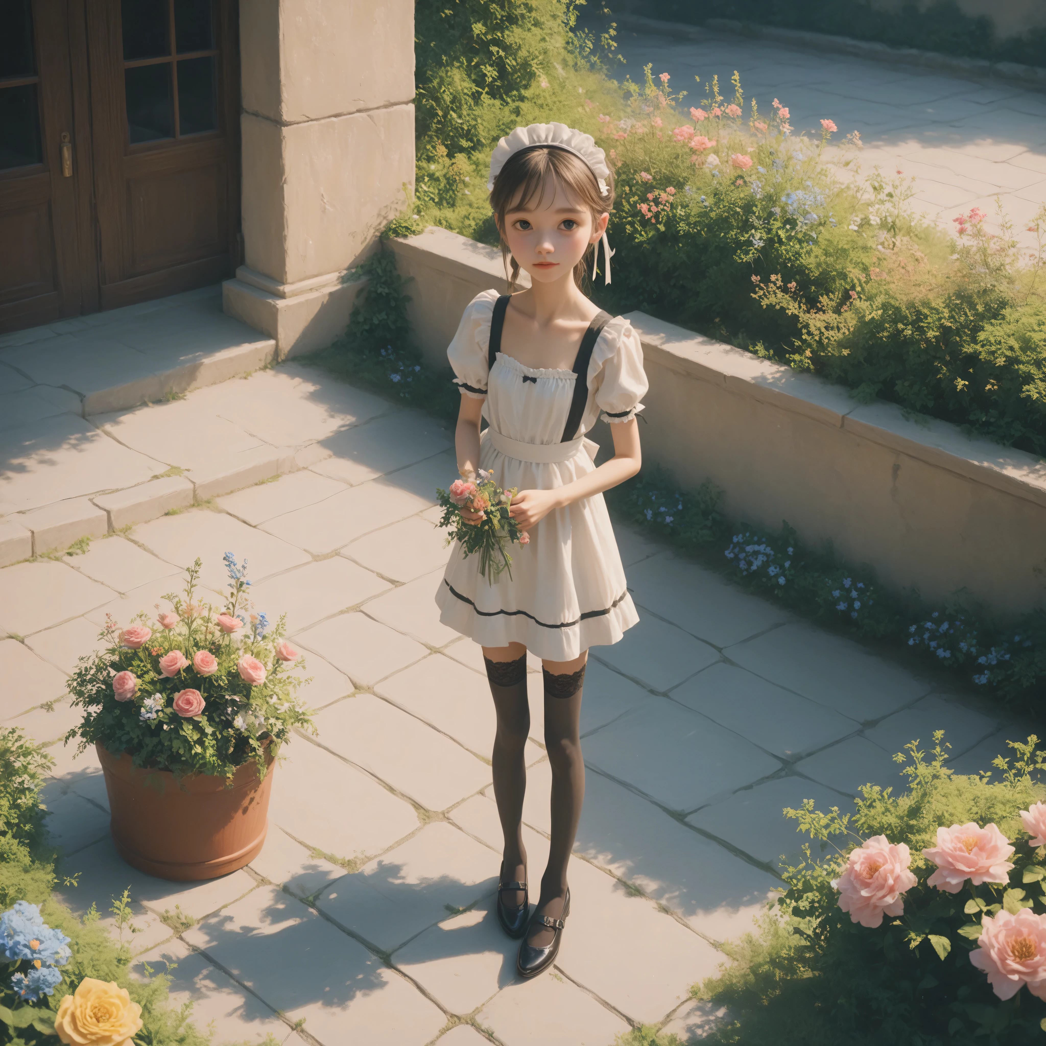 1 Girl、maids,Look at the audience,(skinny:1.35),(younger:0.05),from above,lean forward,is watering flowers outside the mansion,japanese,(smile Yang:0.24),black lace stockings