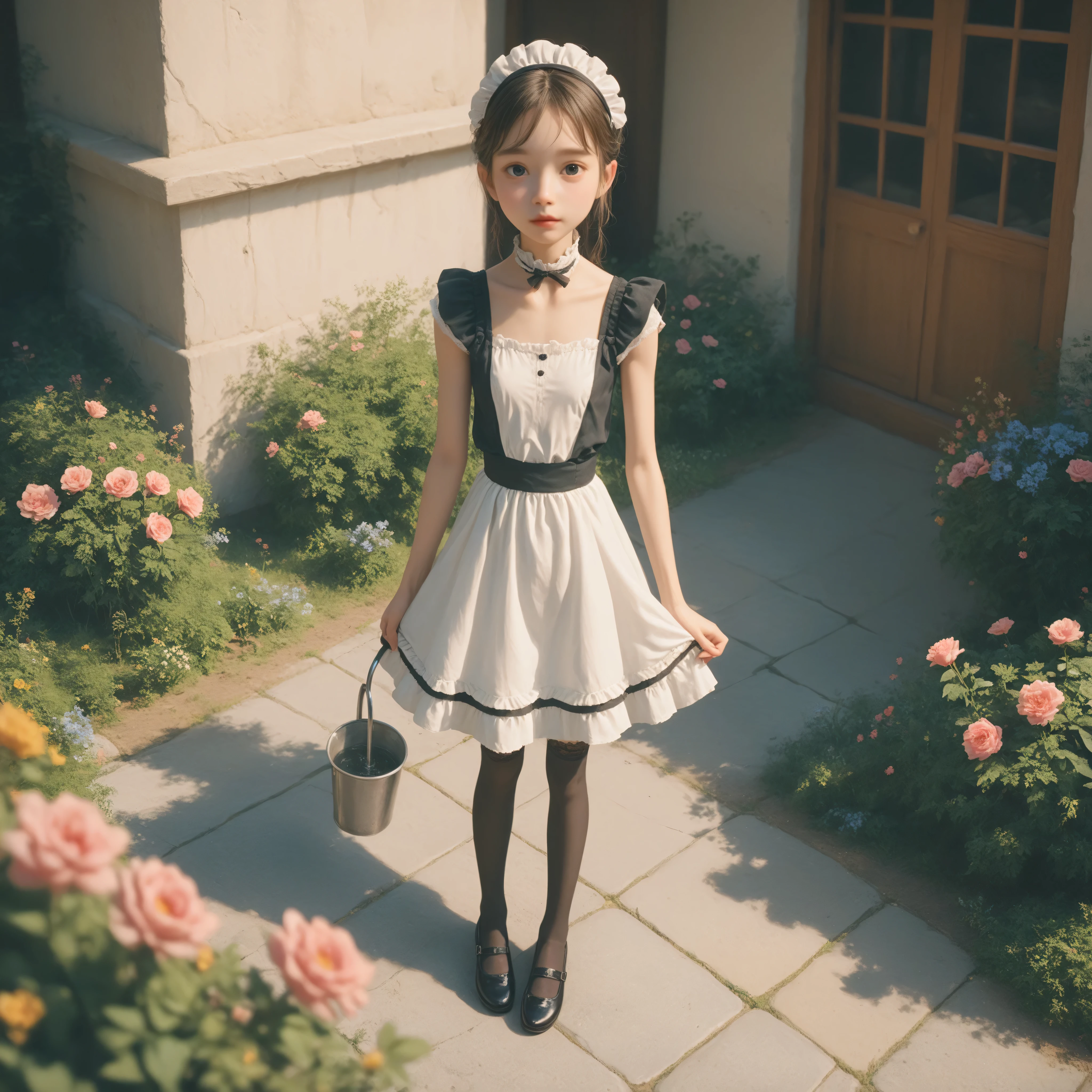 1 Girl、maids,Look at the audience,(skinny:1.35),(younger:0.05),from above,lean forward,is watering flowers outside the mansion,japanese,(smile Yang:0.24),black lace stockings