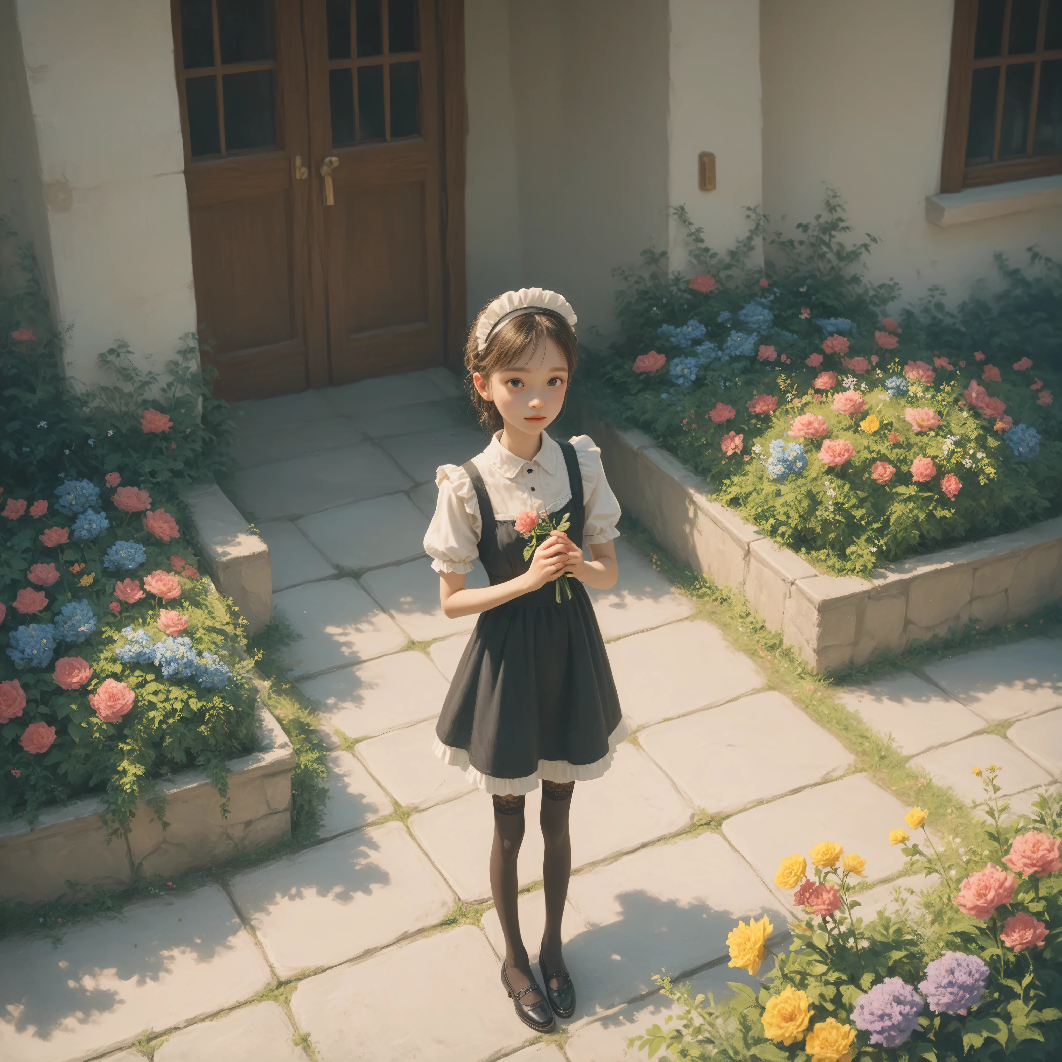 1 Girl、maids,Look at the audience,(skinny:1.35),(younger:0.05),from above,lean forward,is watering flowers outside the mansion,japanese,(smile Yang:0.24),black lace stockings