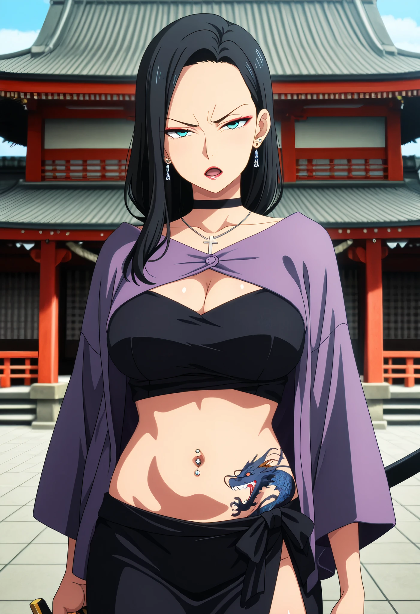 masterpiece, best quality, amazing quality, depth of field, , girl, long hair, black hair, forehead, teal eyes,  solo, , airport, nail polish , , makeup , ear piercing , long hair , lipstick , Hot girl , baddie , smoking , sensual , attractive , choker ,  cross necklace ,outdoor, japanese architecture, temple, kimono, purple shawl, wide sleeves, , serious, looking at viewer, slim belly, east asian architecture,,holding sword, , mature female, masterpiece,high quality,4k,belly,,,cleavage, ,, smile, open mouth, (nsfw) not safe for work, evil expression,belly, exposed navel, exposed midriff, cleavage cutout, , exposed lower belly,,,navel piercing , underboob , side slit, , medium large Breasts, dragon tattoo on waist, narrowed eyes, tattoo on waist,, anipai_style , anime screencap , anime coloring,,v-shape eyebrows