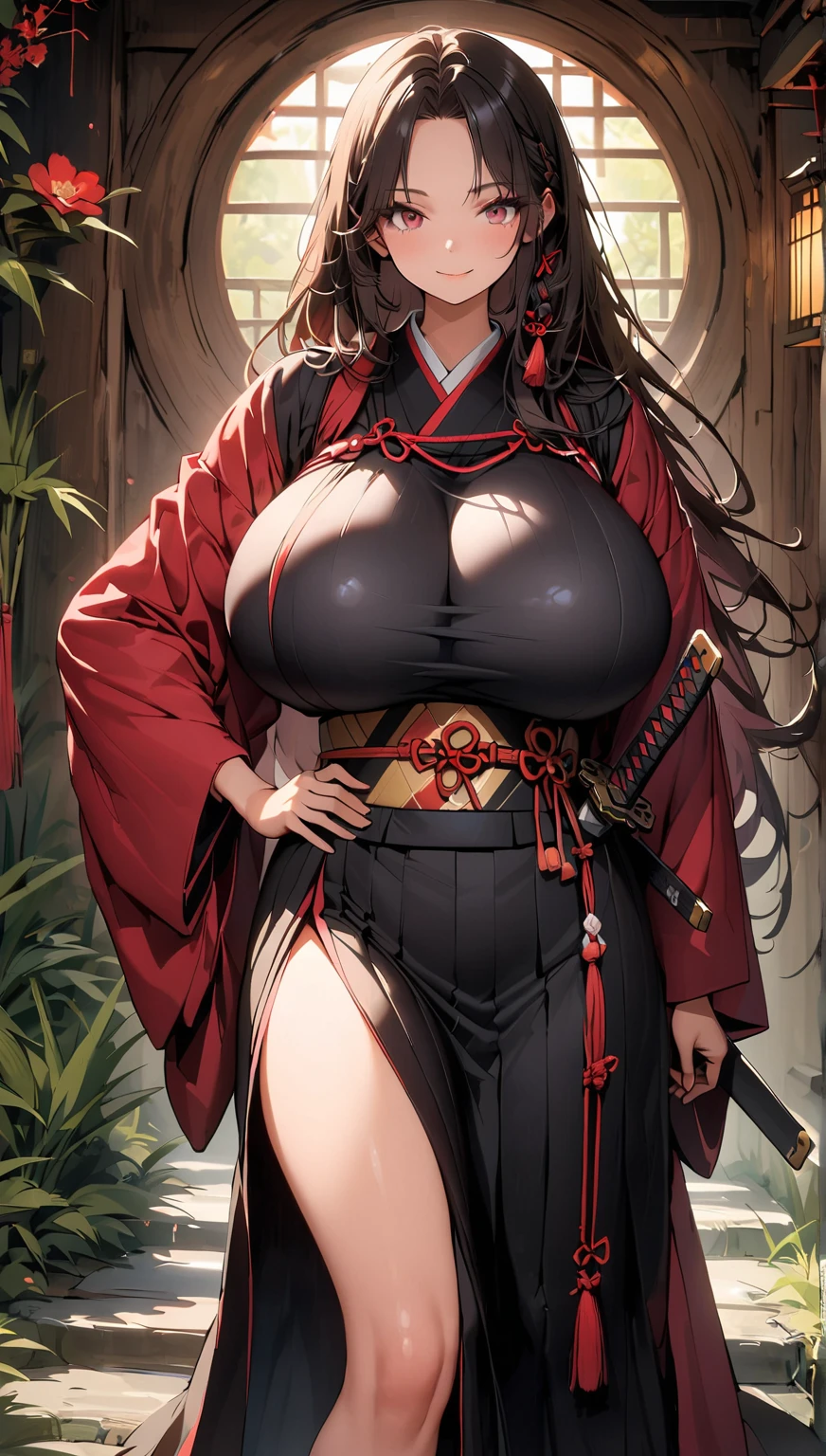 (masterpiece, high quality, lifelike, Ultra realistic, Remarkably high quality, photorealistic:1.5), Anime Woman Tsubaki Miyajima with Black Long Hair wearing a Black Kimono with red fire design on the Kimono minimalist logo design bright colors, high quality, extreme quality, super detailed, Wide ????, Narrow waist, Close-up:0.6, Upper-body view, Looking at viewer, Large 36DD ???????, ????, pretty