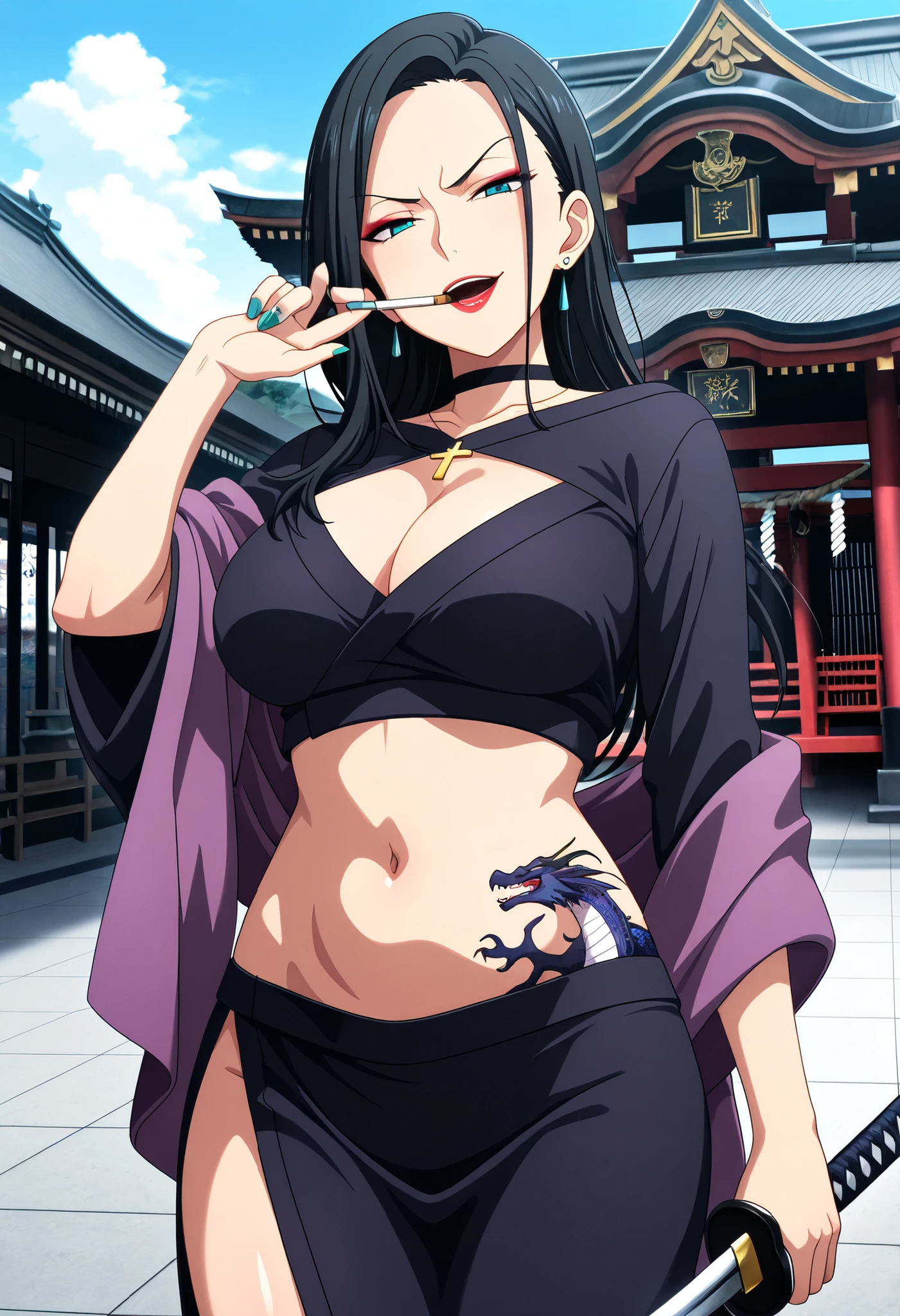 masterpiece, best quality, amazing quality, depth of field, , girl, long hair, black hair, forehead, teal eyes,  solo, , airport, nail polish , , makeup , ear piercing , long hair , lipstick , Hot girl , baddie , smoking , sensual , attractive , choker ,  cross necklace ,outdoor, japanese architecture, temple, kimono, purple shawl, wide sleeves, , serious, looking at viewer, slim belly, east asian architecture,,holding sword, , mature female, masterpiece,high quality,4k,belly,,,cleavage, ,, smile, open mouth, (nsfw) not safe for work, evil expression,belly, exposed navel, exposed midriff, cleavage cutout, , exposed lower belly,,,navel , smile , underboob , side slit, , medium large Breasts, dragon tattoo on waist, narrowed eyes, tattoo on waist,, anipai_style , anime screencap , anime coloring,,v-shape eyebrows