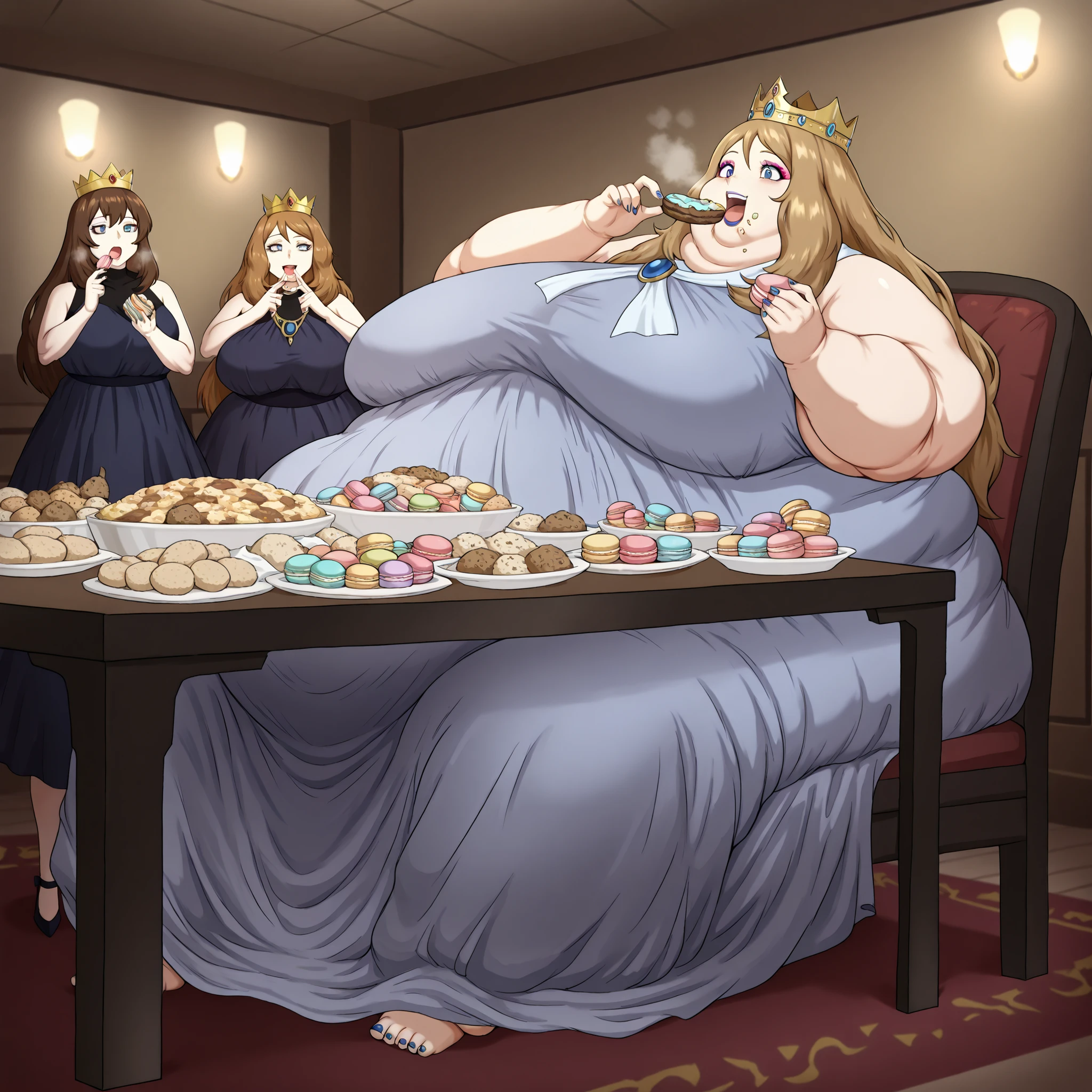 source_anime, pokemonserena, serena, long hair, blue eyes, brown hair, smile, royalty, dress, crown, makeup, lipstick, painted nails, fat, chubby, obese, fat neck, multiple chins, big breasts open mouth, out of breath, Larger female, full body shot, sitting on chair, sitting down, table, dinning room, in front of tones of food, eating macarons, eating desserts, eating food, food in mouth, force fed, force feeding, (lora:force-feeding-ponyxl-lora-nochekaiser:1>, force-feeding, feeding, forced, full mouth, food, eating), rush of food, reclining back on chair