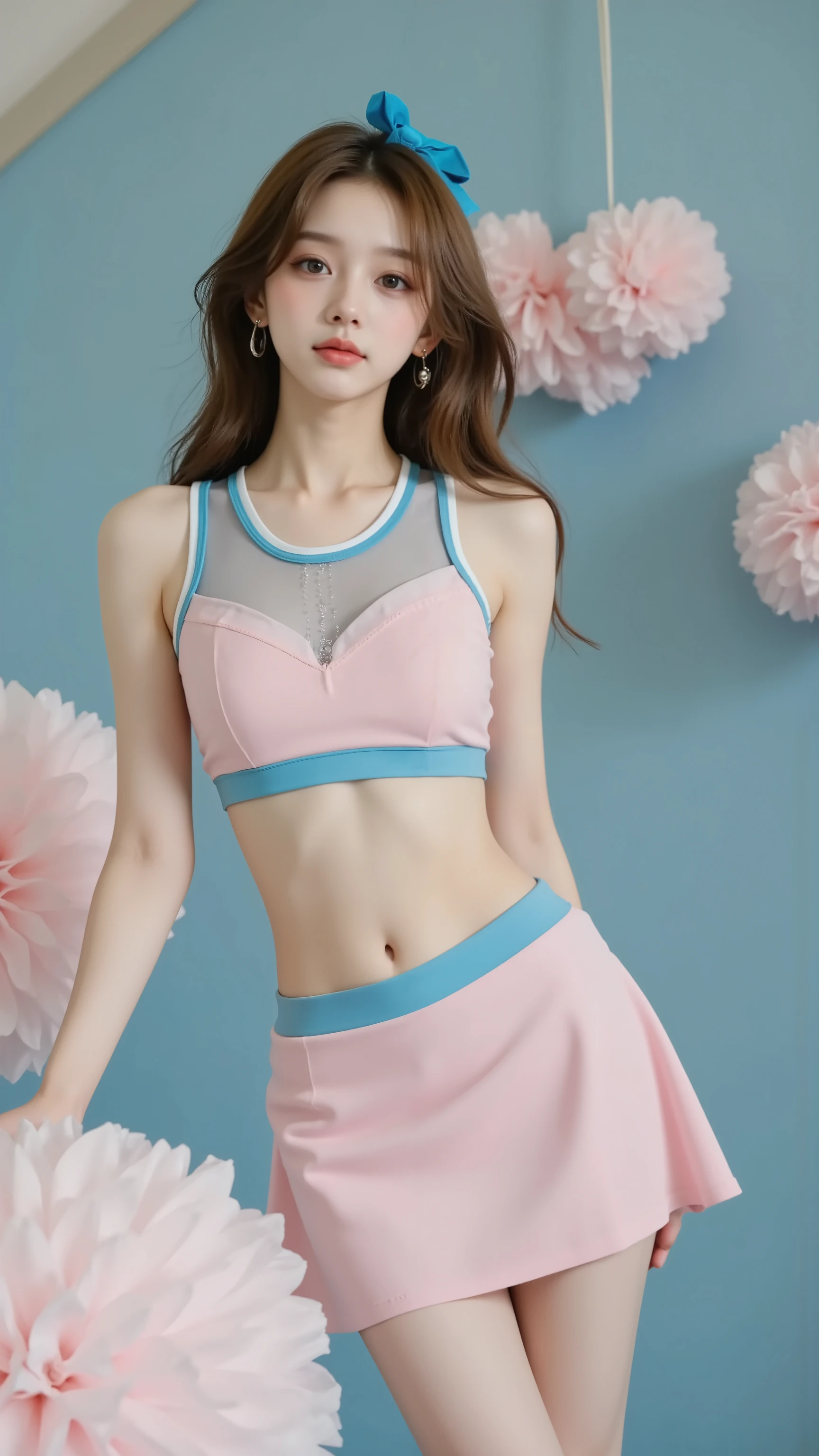 ((highest quality)), ((masterpiece)), (detailed:1.4), 3D, Image of a woman in a beautiful sports bra and tight miniskirt,nffsw(high dynamic range),ray tracing,NVIDIA RTX,super resolution,unreal 5,Scattered beneath the surface,PBR texturing,post processing,anisotropic filtering,Depth of the bounds written,maximum clarity and sharpness,multilayer texture,Albedo and specular maps,surface shading,Accurate simulation of light-matter interactions,perfect proportions,octane rendering,two-tone lighting,wide aperture,Low ISO、White balance、Rule of thirds、8K students、((14 years old))(((silk sports bra,tight silk mini skirt)))(((brown hair)))(((big breasts)))cleavage emphasis