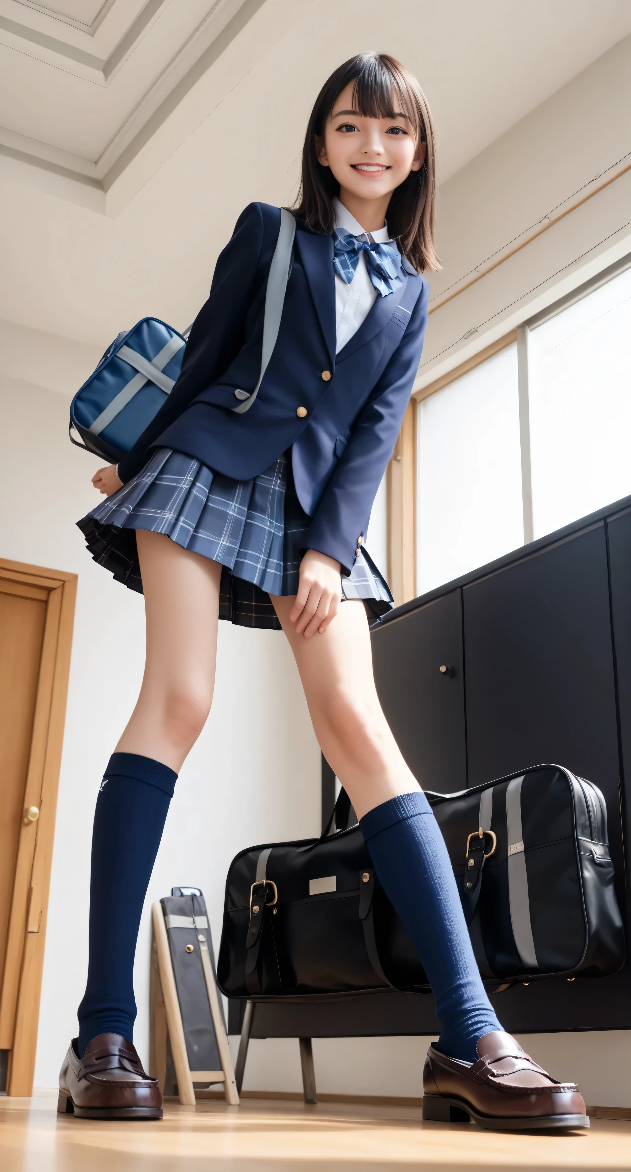 score_9 , score_8_up , score_7_up 、(skinny:1.5),(younger:1.5),(skinny legs:1.5),best image quality、photo real、8K image、((Anatomically Correct Human Body))、 1 person、cute:1.5、super detailed face、accurate face、smile:0.7, dark haired、Dark Eyes、random hair、Slim、(thin legs)、Small body:1.5、Shorten the torso:1.5、petite hips、ribbon、Match the color of underwear、panties 、 ((high school girl in uniform(dark blazer and plaid pleated skirt(middle skirt)and navy blue socks and loafers setup、satchel))) 、 draw 、((It's leaning forward quite a bit, with hands firmly on their knees))、angle that straddles directly above the camera and looks up from directly below、