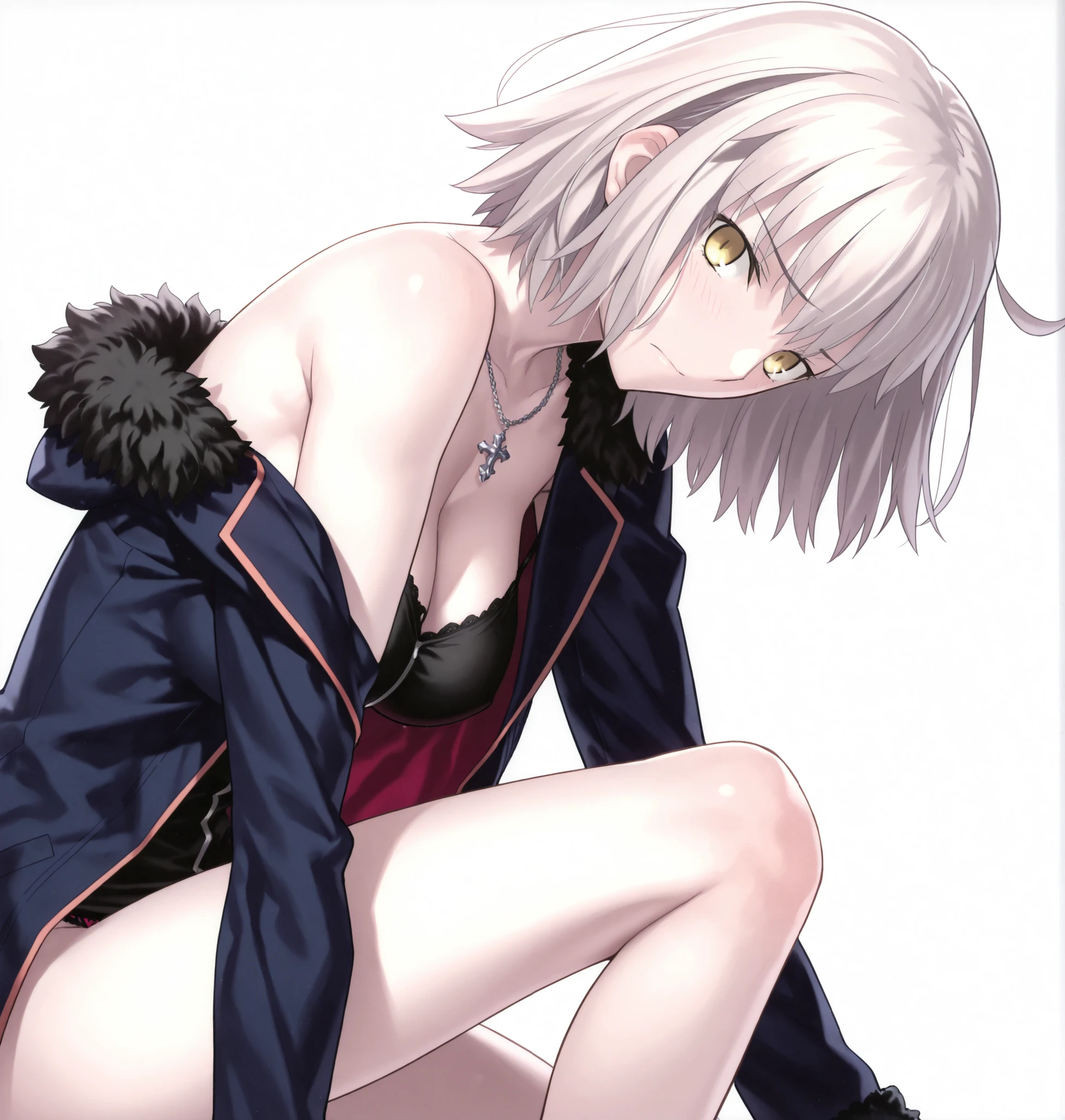 masterpiece, , absurdres, highres, detailed background, high resolution, masterpiece, necessary, detail, best quality, quality, necessary, details, High details, Precise, 8k, ,(white background, simple background), , from side, upper body ,close up ,                                             
                                                                                                                                                                                                                         1girl, ,  (type-moon) style, ,Takeuchi Takashi style, (aged up), long legs, , (one knee up), panties slip ,leaning forward, head tilt (),   
   
very tall girl, girl, slim arms ,Jeanne d'arc alter shinjuku , short hair ,yellow eyes, light gray hair, off shoulder ,jacket, ,(one_knee,hand_on_own_knee),looking_at_viewer,  , light embarrassed,,