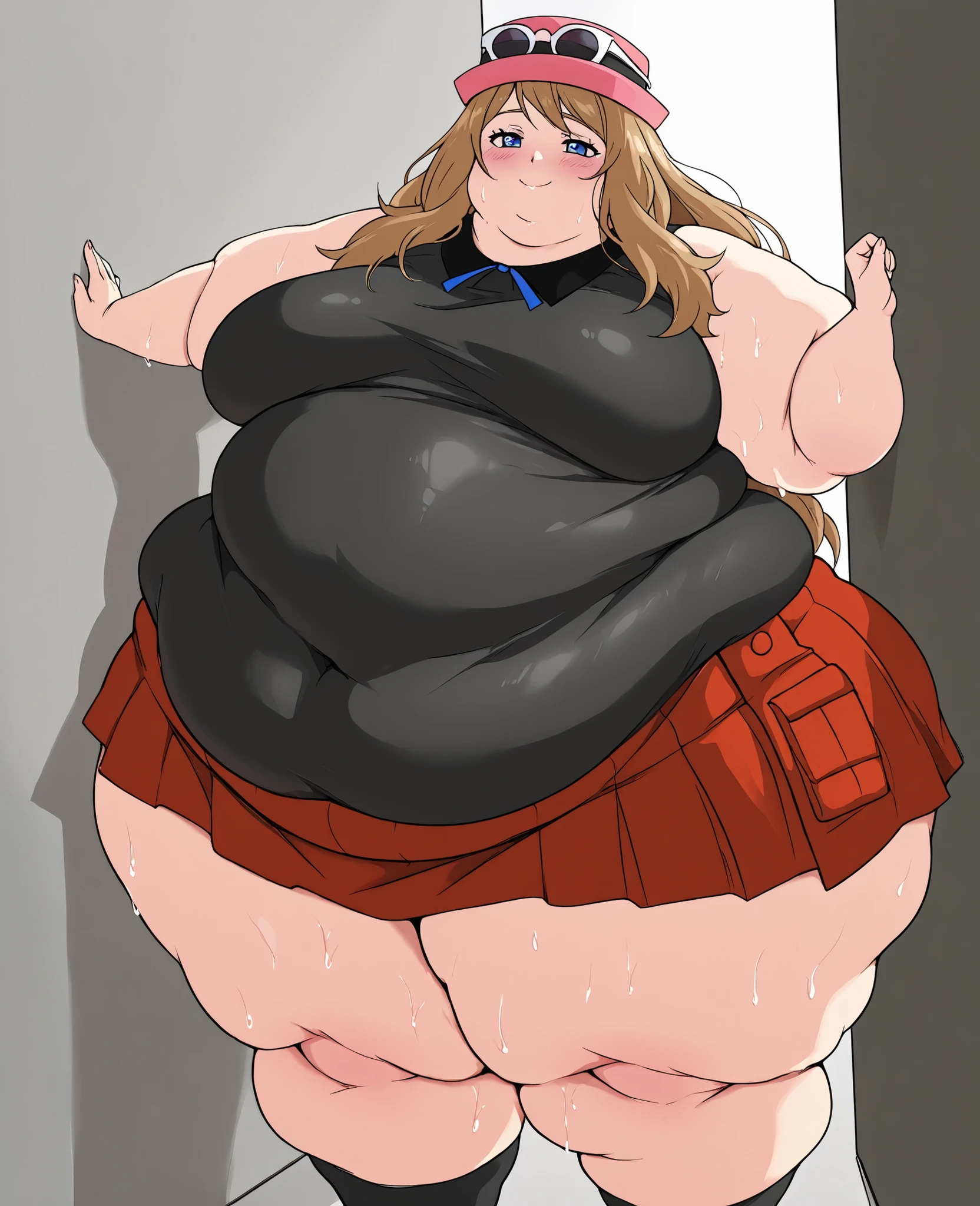 masterpiece, best quality, solo, 1girl, score_9, score_8_up,score_7_up BREAK, 1girl, solo, chubby, fat, very fat, obese, obesearms and legs, sloppy stomach, saggy round breasts, fat face, fupa, double chin, plump, thick thighs, thigh, morbidly obese, immobile, blush, sweaty, sweaty hair, blushing, pokemonserena, serena, long hair, blue eyes, brown hair, smile, eyewear on head, hat, skirt, sunglasses, shirt, black shirt, sleeveless, red skirt, pink hat, (clothes rip 1.3), (tight clothes 1.5),
