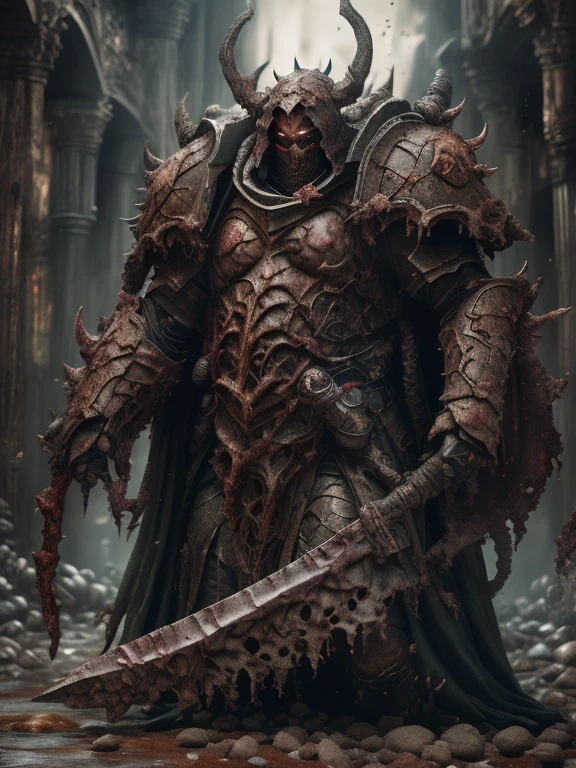 a gorgeous adepta sororitas from the movie tron, glowing skull armor, spikes, teeth, monster, dirty tentacles, pus pimples, cracked truenurgle, detailed face and eyes, beautiful lips, extremely detailed, 1girl, oil painting, concept art, dark fantasy, cinematic lighting, dramatic shadows, vibrant colors, moody atmosphere, hyper detailed, 8k, photorealistic
