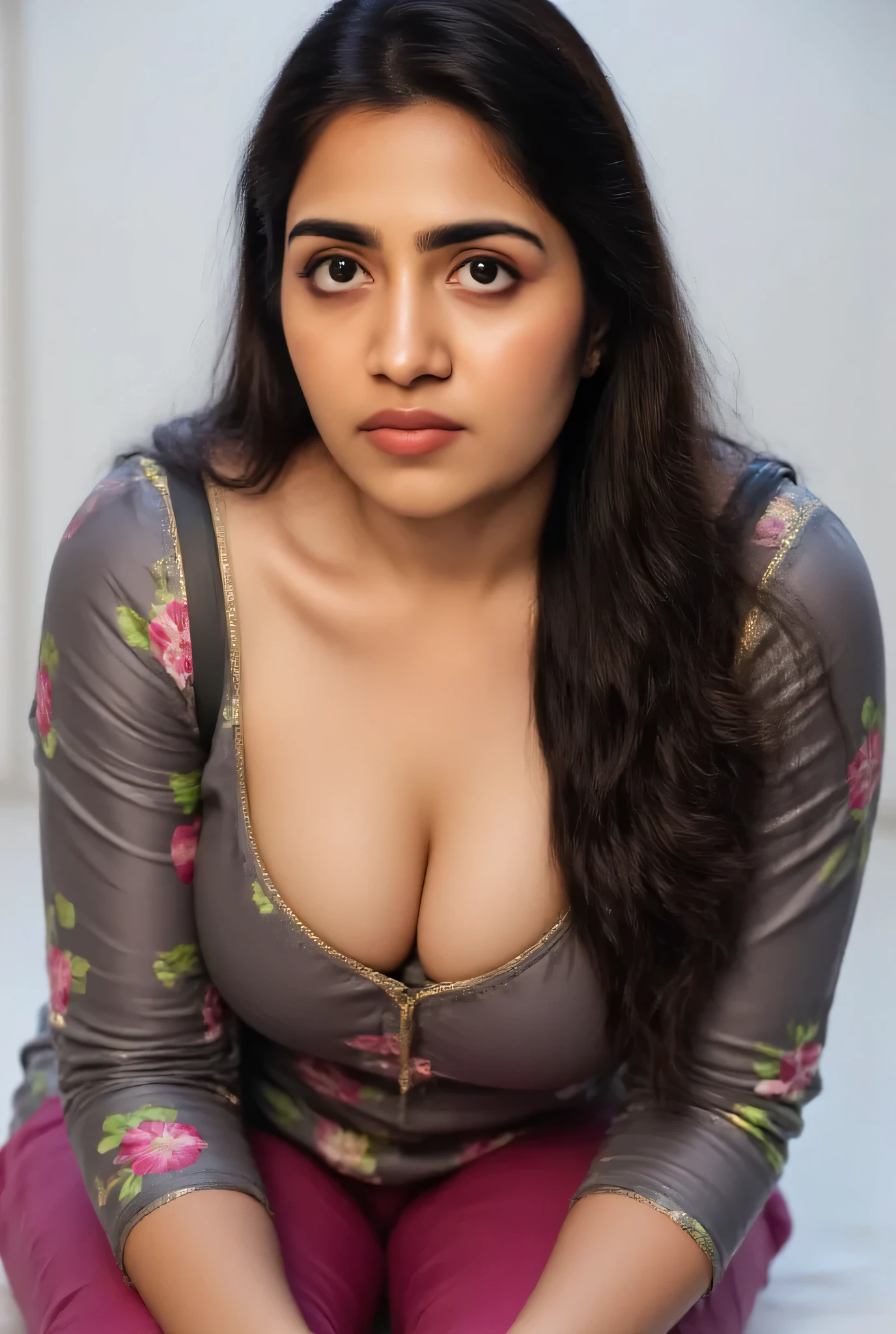 Indian hot Bhabhi leaning forward and bending down.wearng light black colour salwar with Green and red leaf patterns and ((dark Pink colour leggings)). Her huge cleavage is visible while she is leaving forward. Huge U shape cleavage is visible. ((Her black colour bra strap is visible on her shoulder )). Looking at viewer. Breast size 36D , waist 31 , butt 36. Height 5.4" . Weight 61 kg. very fair skin. In kitchen down blouse view of bra under her salwar. perfect shot. Both Her palms are on the floor. Her black bra is strap visible on her shoulder.  